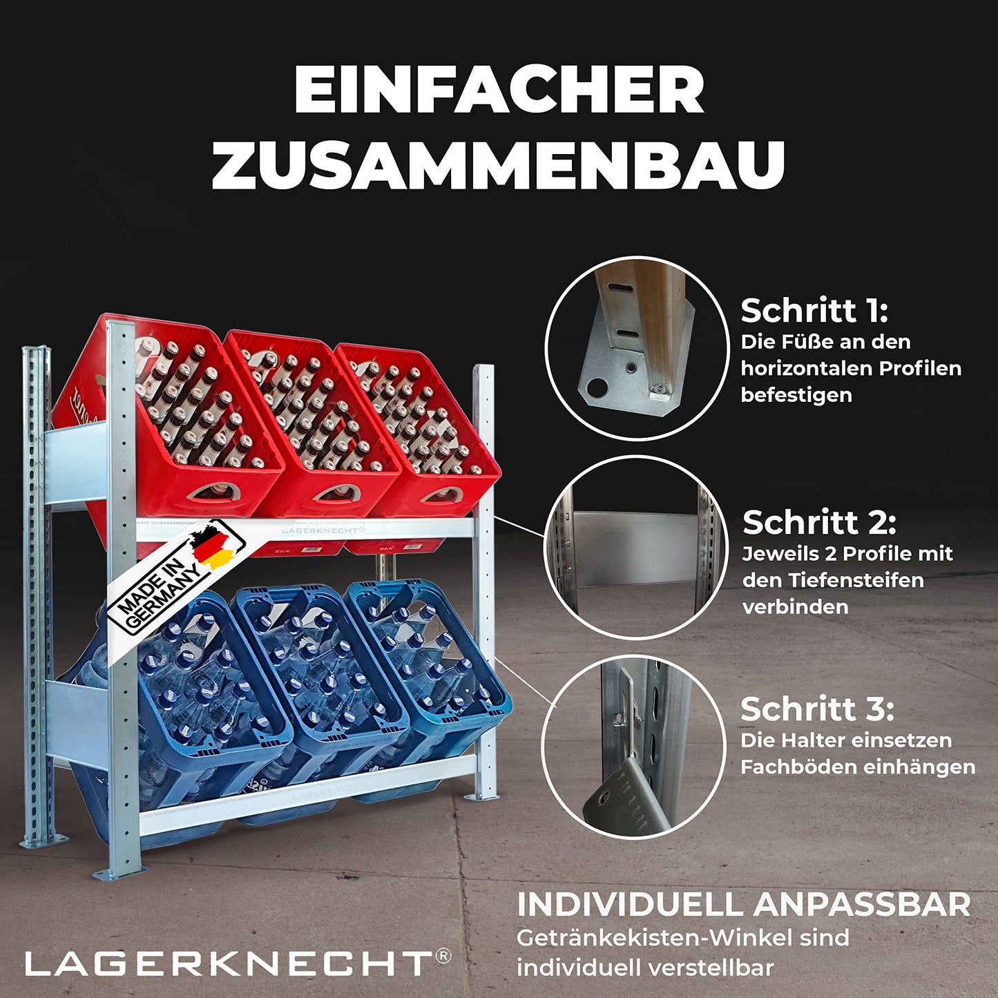 Lagerknecht Getränkekistenregal 6 Kisten Made in Germany professionelle Ordnung für Kisten; Regal für Getränkekisten, Getränkeregal, Wasserkistenregal, Bierkistenregal