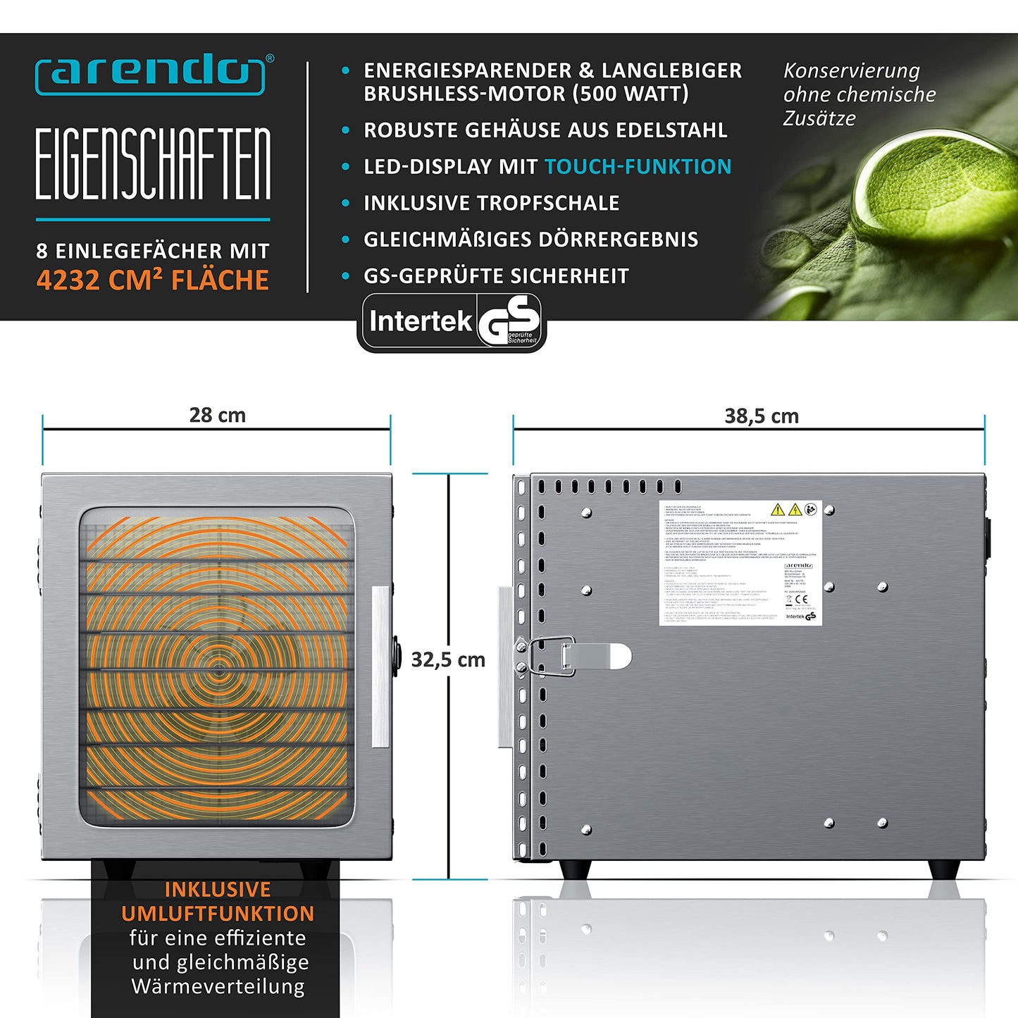 Arendo Edelstahl-Dörrgerät 8-Fach, 500W, mit Temperaturregelung und 24h-Timer, BPA-frei für Obst, Gemüse, Fleisch und Kräuter