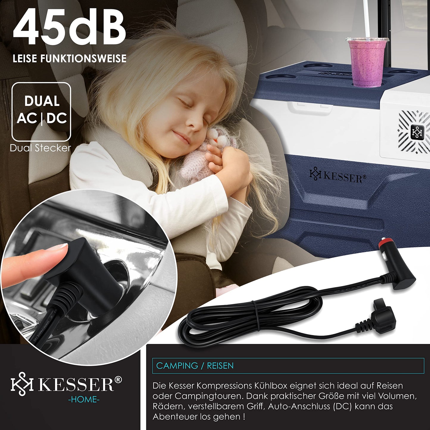 KESSER® Kompressor Kühlbox elektrisch Gefrierbox, 30 Liter Mit APP-Steuerung USB-Anschluss 12/24 V 230V, +Teleskopstange, 2x Kühlakkus Räder Kühlschrank Kühlung bis -20 °C für Auto, Lkw, Boot