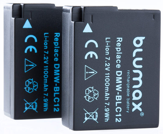 Blumax 2X Akku ersetzt Panasonic DMW-BLC12 / DMW-BLC12-E 1100mAh + Mini Dual-Ladegerät USB | kompatibel mit Lumix DMC: G5 | G6 | GX8 | G70 | G81 | GH2 | FZ200 | FZ300 | FZ1000 | FZ2000 | Leica V-Lux 4