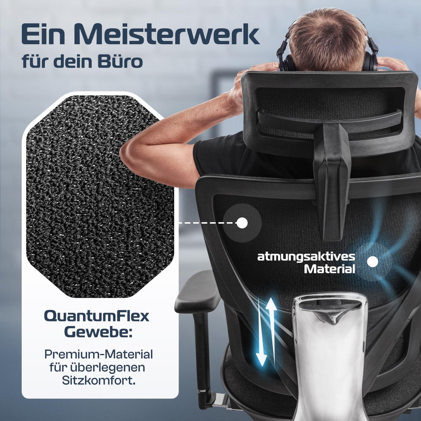 CLOUVOU MasterSeat Bürostuhl Ergonomisch | Schreibtischstuhl [QuantumFlex, 4D-Chrom-Metallarmlehne, Phantom Wheels] | Büro Stuhl, Computerstuhl Home Office Chair Ergonomic, Drehstuhl 150 kg