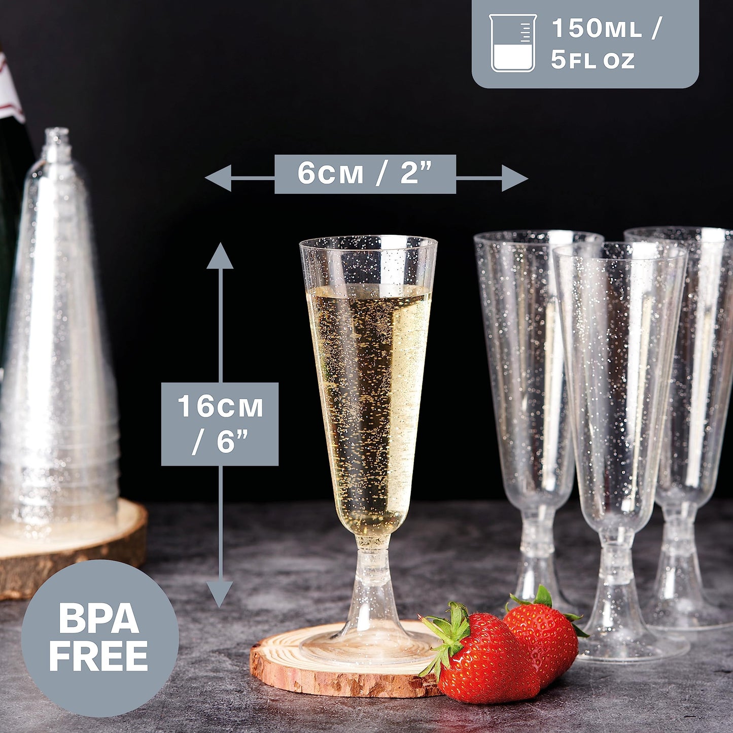 MATANA 50 Premium Elegante Sektgläser aus Kunststoff mit Silberglitter, 150ml - Plastik Champagnergläser, Sektflöten, Proseccogläser für Hochzeiten, Geburtstage, Partys - Stabil & Mehrweg