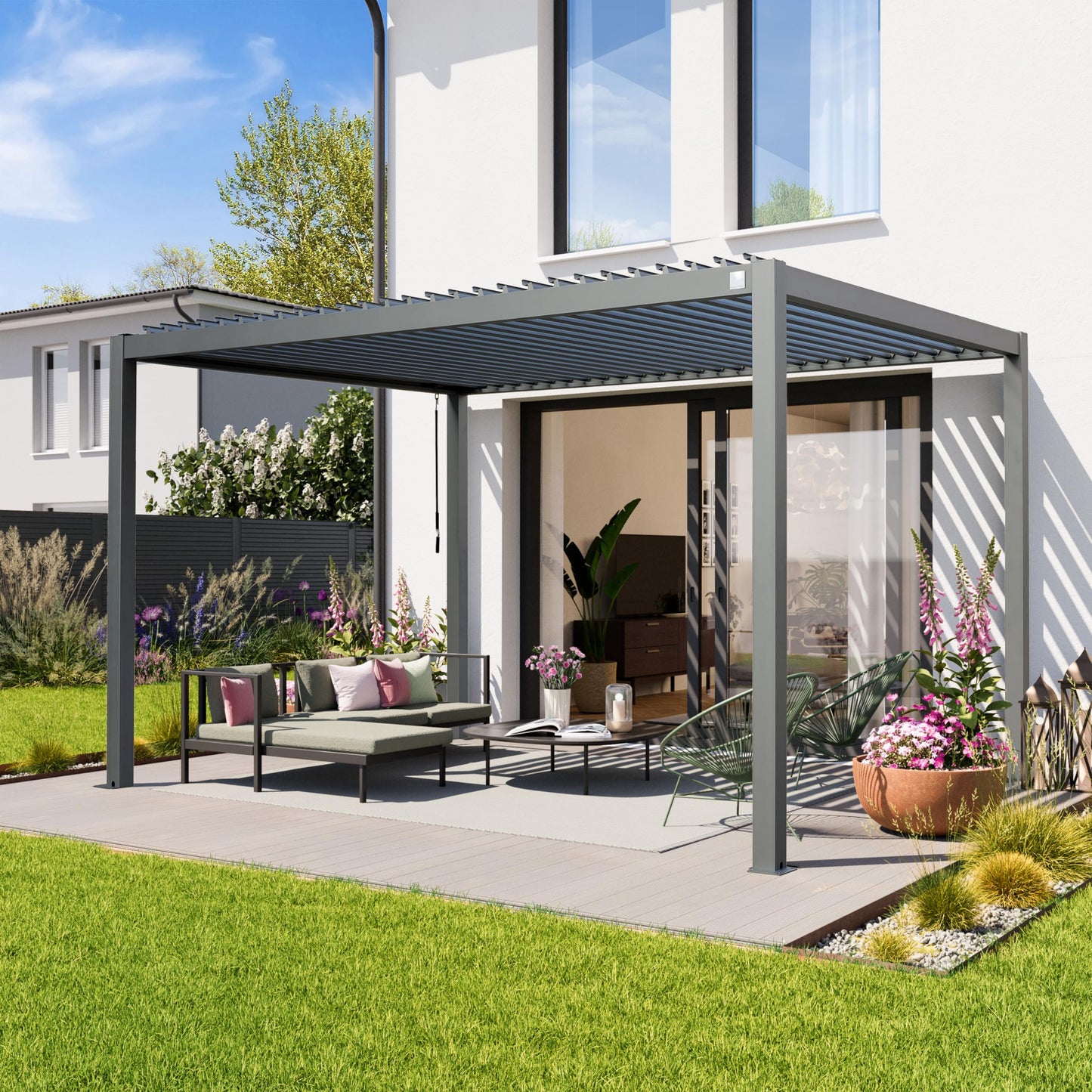 PRIMEYARD Pergola 3x4 m Aluminium-Pfosten mit Lamellendach aus Stahl graue Terrassenüberdachung