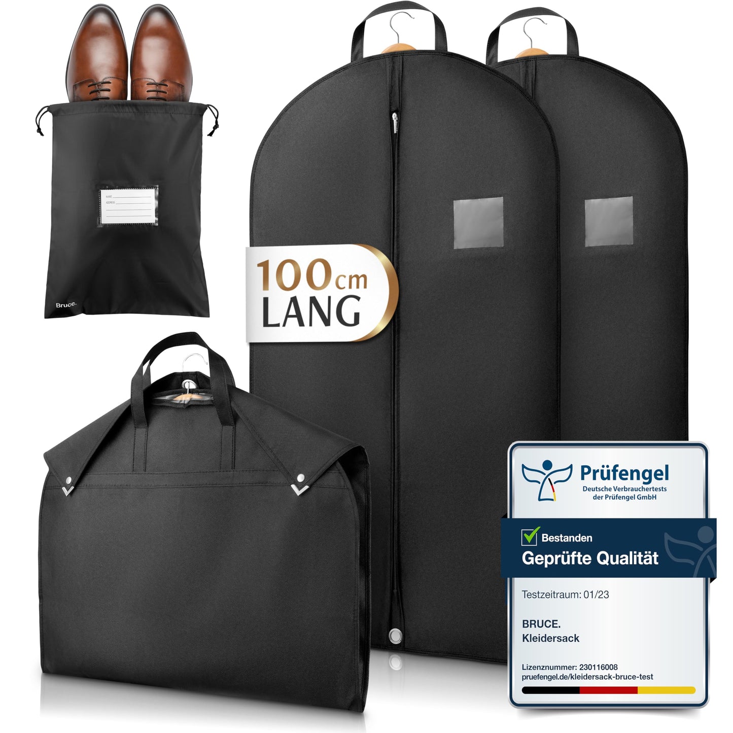 Bruce.® 2x Premium Kleidersack inkl. 1x Schuhbeutel I 100 x 60 cm I Optimierte Materialstärke von 120 GSM I Hochwertige Kleiderhülle für Anzug und Kleid I Atmungsaktive Anzugtasche für Reisen