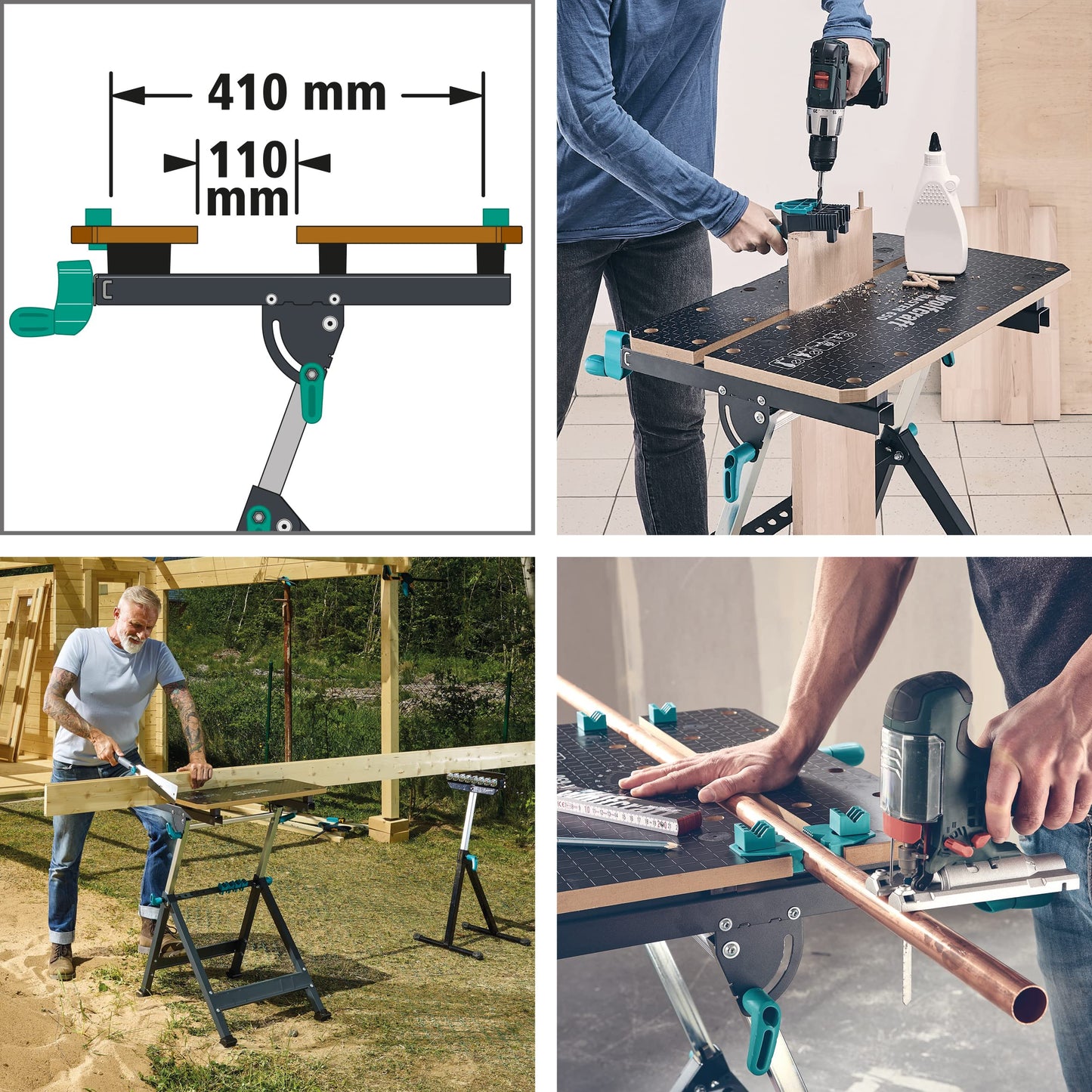 wolfcraft Spann- und Arbeitstisch Master 650 Ergo - 6870000 - stufenlos höhenverstellbar - zusätzliches Einlegebrett zum Erweitern der Arbeitsfläche - mobil einsetzbar - Made in Europe