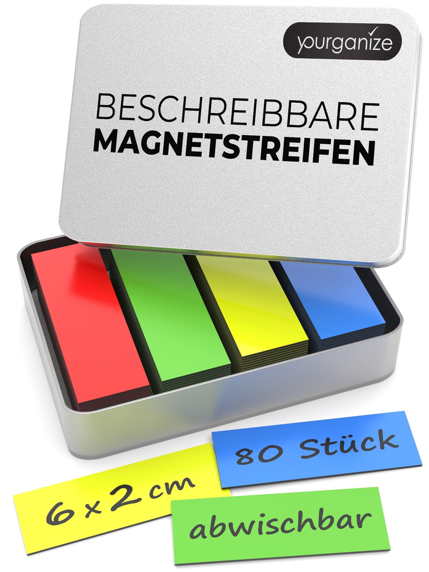 YOURGANIZE® Magnetstreifen beschreibbar | 80 Stück, 60x20 mm | Magnetschilder zum Beschriften | Für Kühlschrank, Whiteboard & Tafel | Magnetstreifen