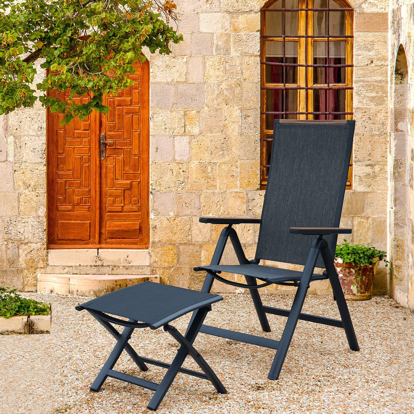 Grand patio Garten Klappstuhl, Aluminium Gartenstühle Hochlehner mit 6-Fach Verstellbare, Mesh Gewebe, Wetterfest, Gartenliege für Balkon, Terrasse (Schwarz)