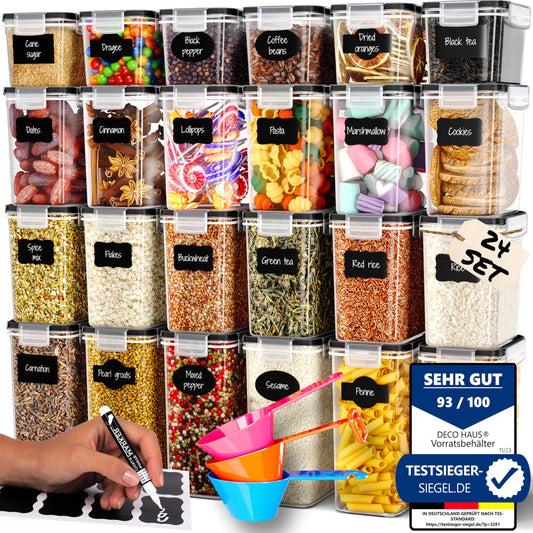 Deco haus® Vorratsdosen mit Deckel luftdicht 24er Set - Aufbewahrungsbox Küche mit Deckel - Vorratsbehälter Küche Aufbewahrung & Organisation - Kitchen Storage & Organisation - Für Nudeln, Müsli, Mehl