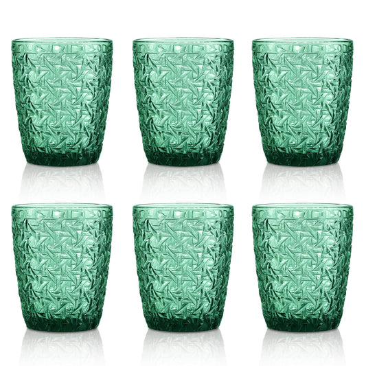 Joeyan 300ml Grün Gläser Set 6 Teilig,Vintage Trinkgläser Bunt mit Geprägtem Design,Farbig Wassergläser Spülmaschinenfest