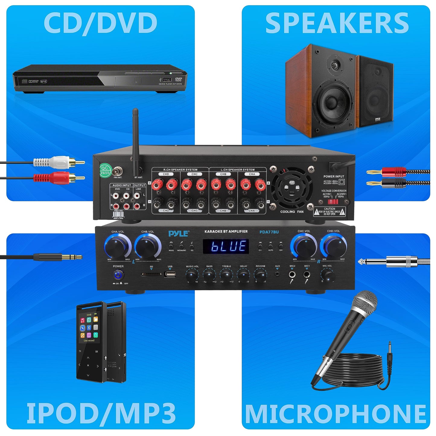 Pyle 800-Watt Heimkino-Verstärker Stereo-Receiver mit Bluetooth-Streaming, unabhängiger Mikrofon-Echo- & Lautstärkeregelung, MP3/USB/SD/AUX/FM-Radio