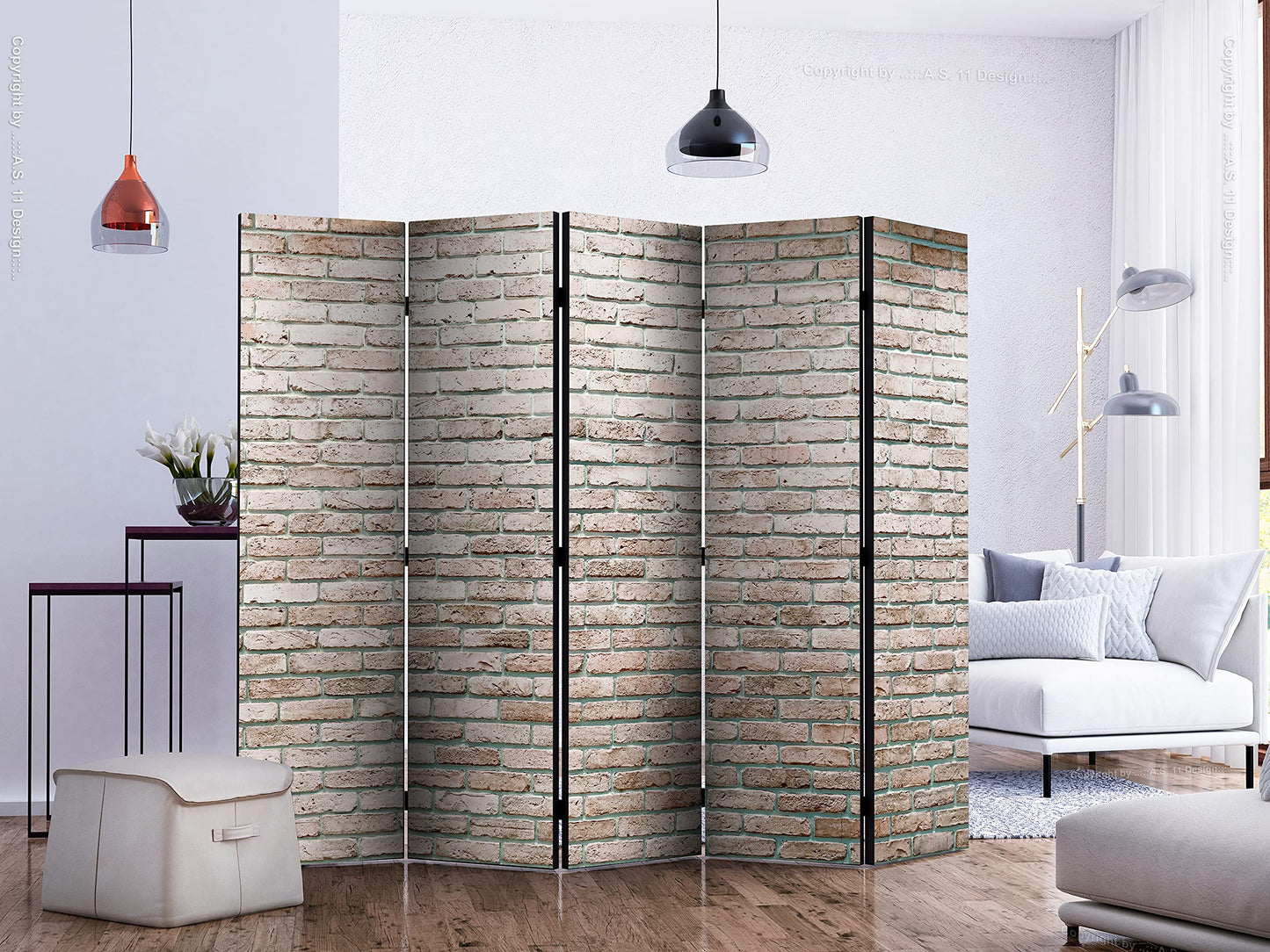 murando - Paravent Raumteiler Innen Ziegel 225x172 cm 5-teilig Einseitig Raumtrenner Trennwand Holz Room Divider Mobiler Sichtschutz Spanische Wand Raum Abtrennung 3D Effekt Steinwand f-A-0570-z-c