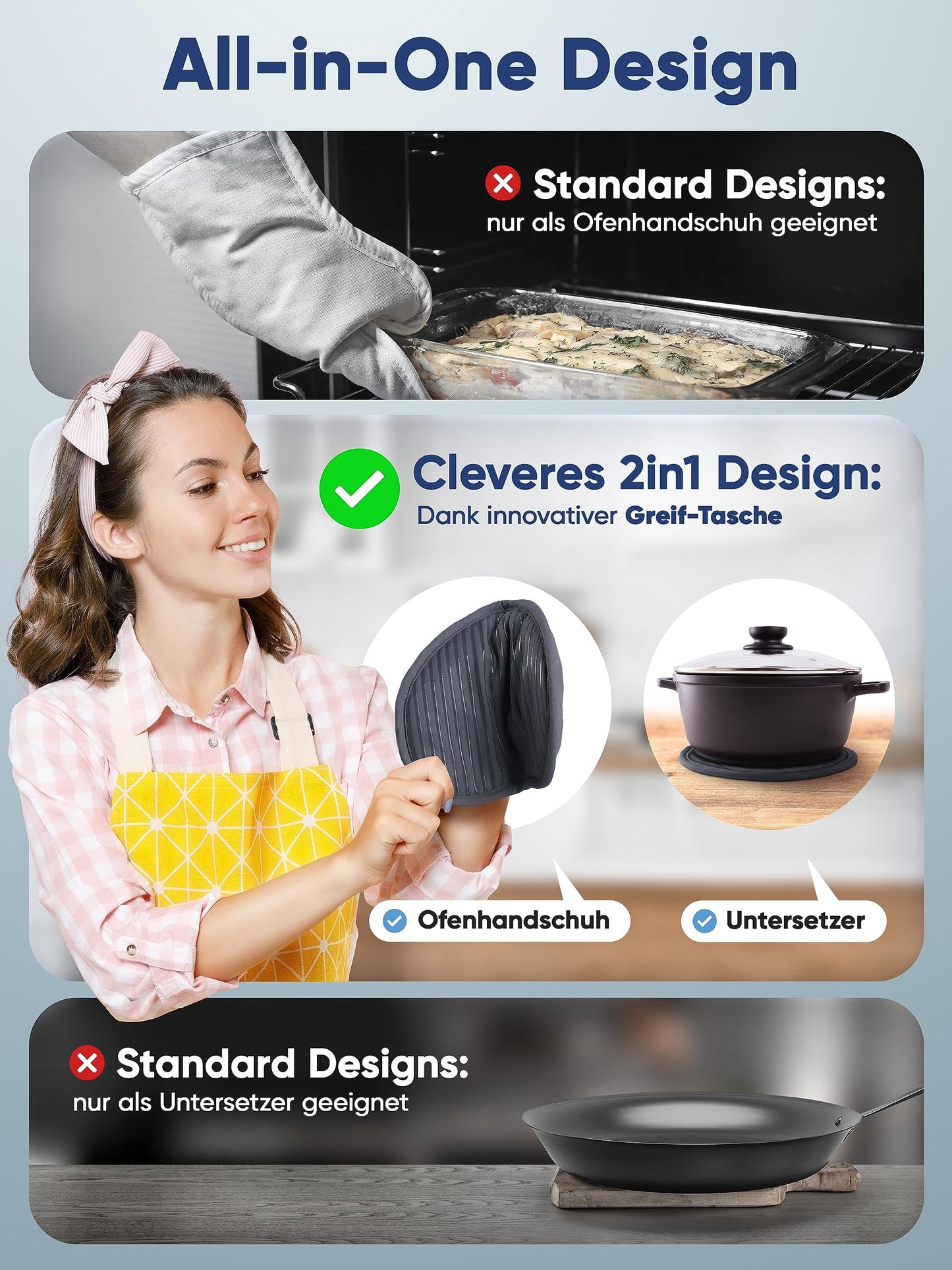 WOHNHELD® Topflappen Set (Hitzebeständig bis 250°C) weiche & waschbare Baumwolle, Ofenhandschuhe Topfuntersetzer Topfhandschuhe Rund Grau