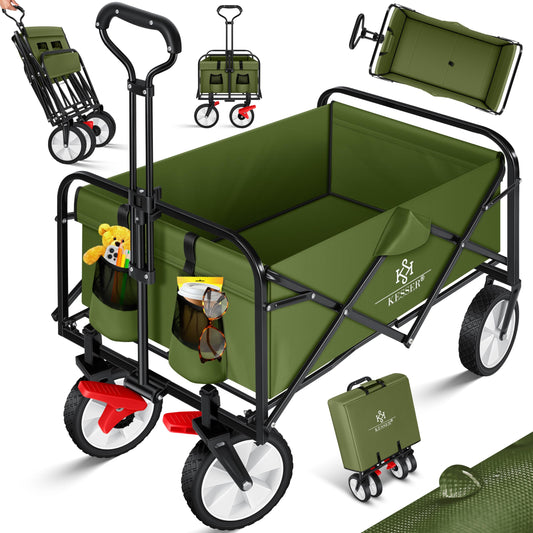 KESSER® Bollerwagen faltbar Handwagen Transportkarre Gerätewagen | inkl. 2 Netztaschen & Cover | klappbar | PVC-Reifen | bis 80 kg Tragkraft transportwagen Gartenanhänger ohne Dach, Khaki/Schwarz
