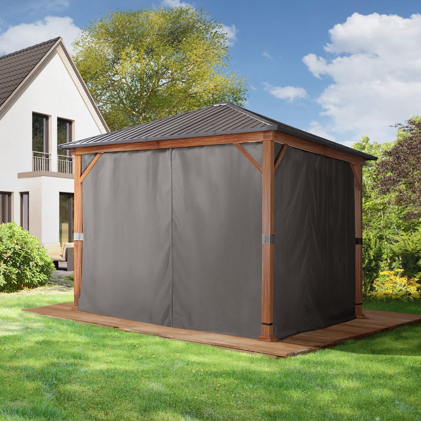 TOOLPORT Gartenpavillon 3x3 m Holzoptik, Stahldach Hardtop 4 Seitenteile in grau