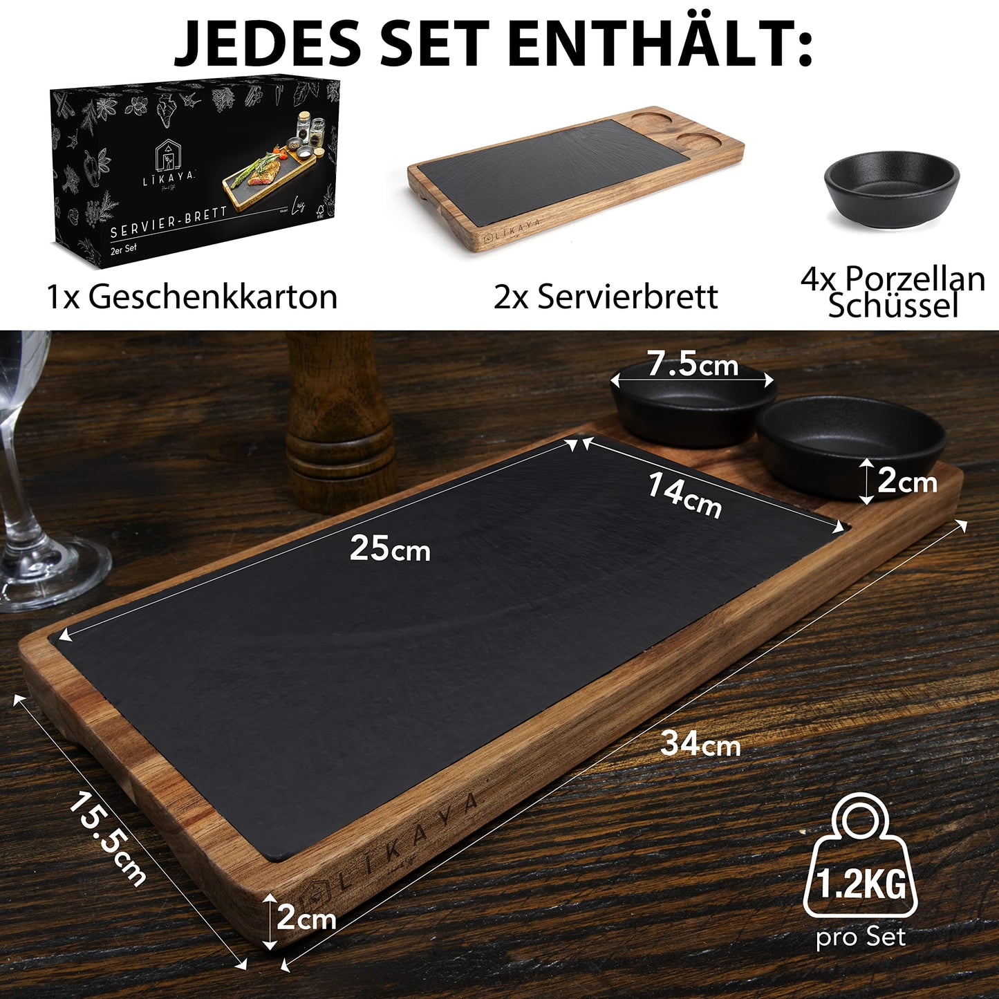 LIKAYA® Servierbrett 2er-Set 'LUIS' – FSC® Akazienholz & Schieferplatte mit Saucenschüsseln | Perfekt als Grillbrett, Steakbrett & Geschenk für Burger, Steak & Sushi