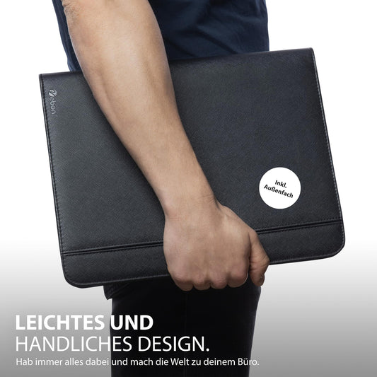 Vebon® Schreibmappe Ringbuch A4"Paris" I Reißverschluss + Klemmbrett I Dokumentenmappe + Laptoptasche I extra Stauraum I Kunstleder I Schwarz