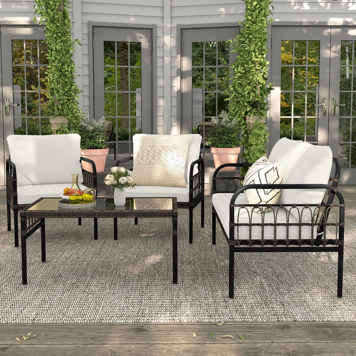 GIANTEX Gartenmöbel Set, Gartenlounge Outdoor Möbelsets, Garten Lounge Set Rattan, Sitzgruppe 4 Personen Tisch 2 Stühle Sitzbank, inkl. Kissen, Balkonmöbel Kleiner Balkon, Gartengarnitur Sitzgruppe