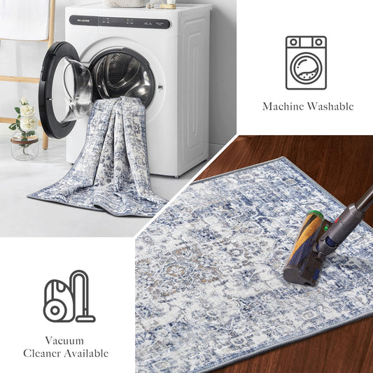 PONY DANCE Vintage Teppich Wohnzimmer 160x230 cm Kurzflor Teppich Weich Dünner und Faltbarer Teppich Antirutsch Küchen Teppich Waschbar in Waschmaschine Carpet, Blau