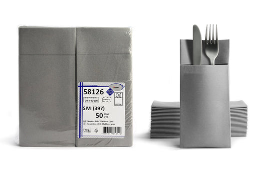 100 Airlaid Besteckservietten Stoffähnlich | fertig gefaltete Servietten mit Schlitz | 40x40 cm 1/8 Falz Bestecktasche Hochwertig Hochzeit Geburtstag Hotel Catering Premium QUALITÄT Grau