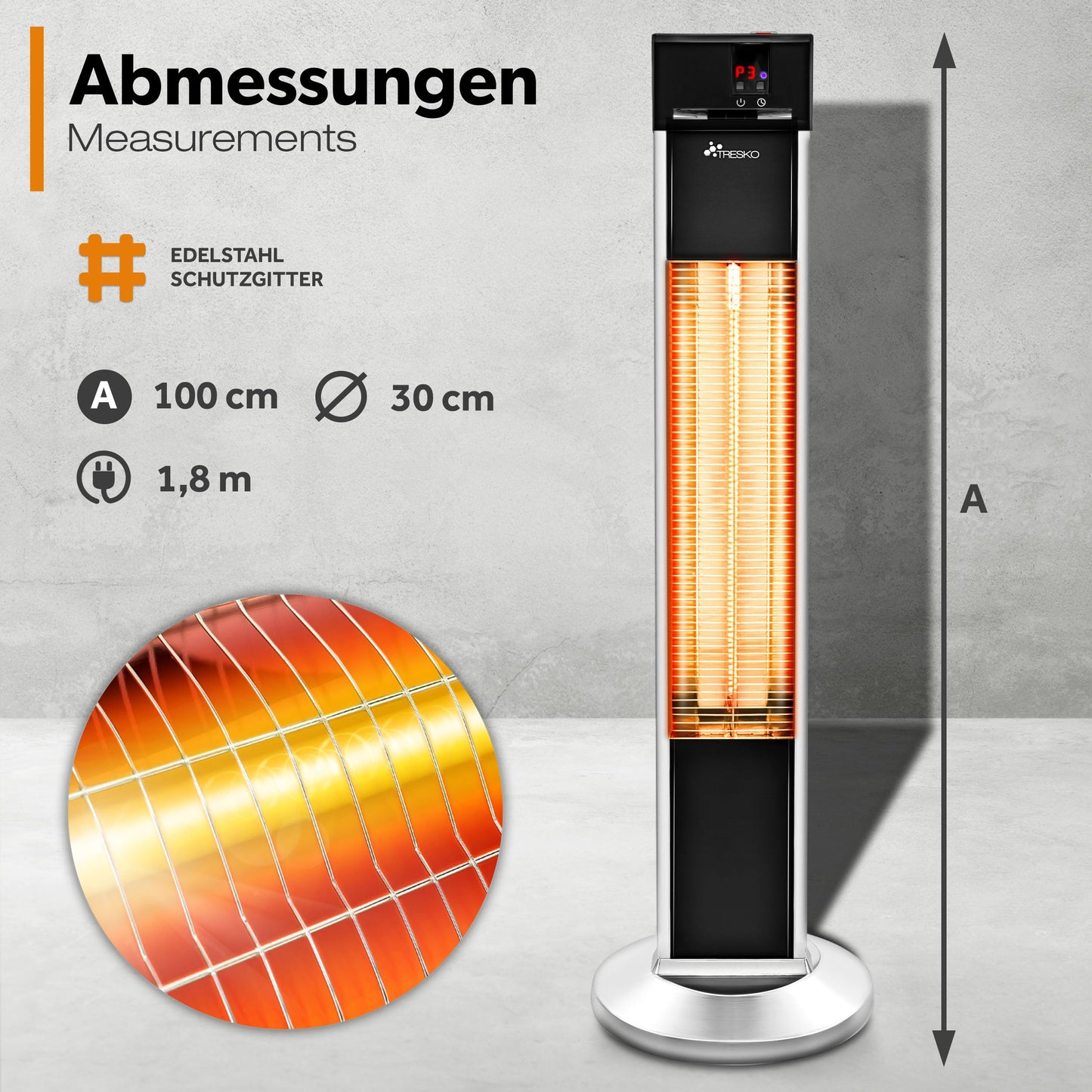 TRESKO Infrarot Stand-Heizstrahler 2000W mit Fernbedienung | Wärmestrahler Terrasse elektrisch mit 3 Heizstufen | Terrassenstrahler Innen & Außen | Infrarotstrahler mit LED-Anzeige