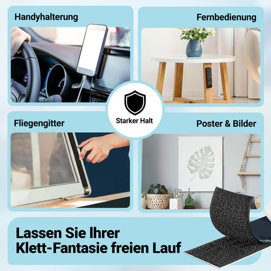 STARKL® Klettband Selbstklebend - BPA Frei - 5m x 50mm - Klettverschluss Selbstklebend Schwarz - Extra Stark u. Extra Breit -Doppelseitiges Klettband für Innen und Außen
