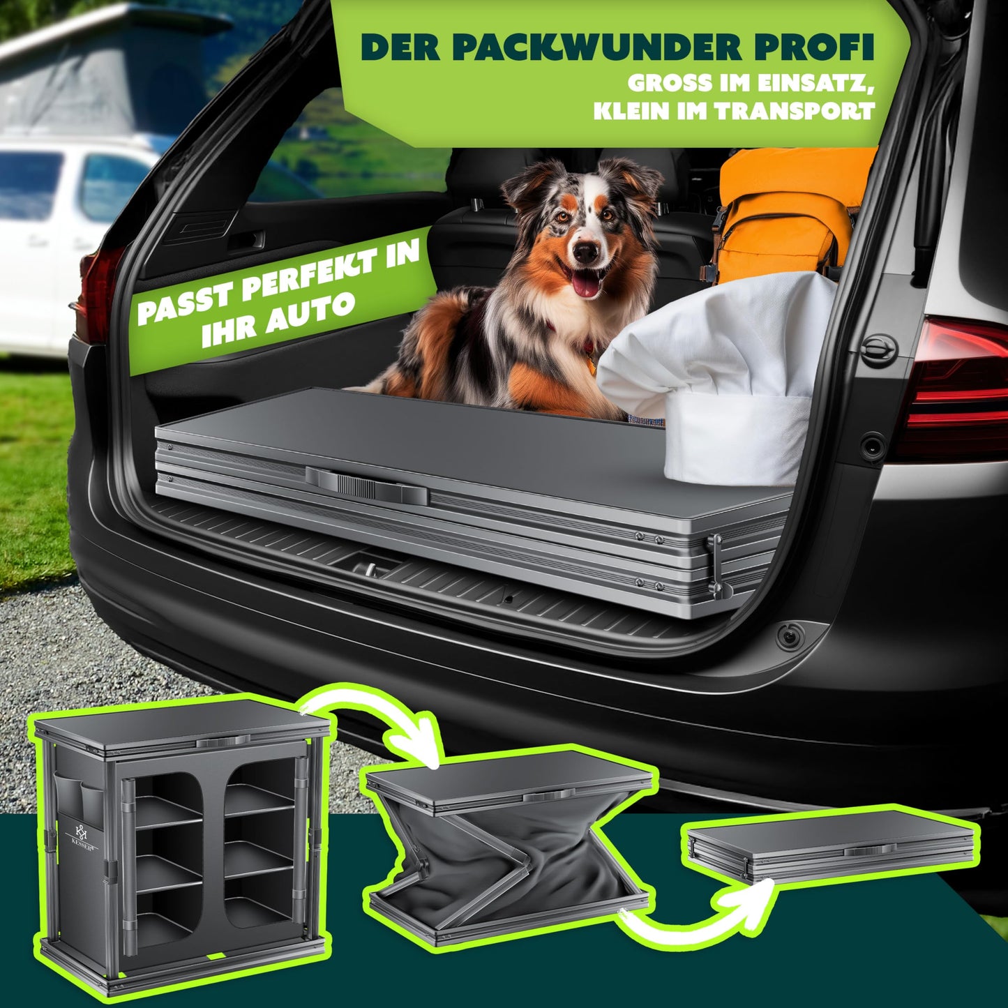 KESSER Faltbare Campingküche – 84 x 80 cm mit Aluminiumgestell, 6 Fächern & Trinkbecherset