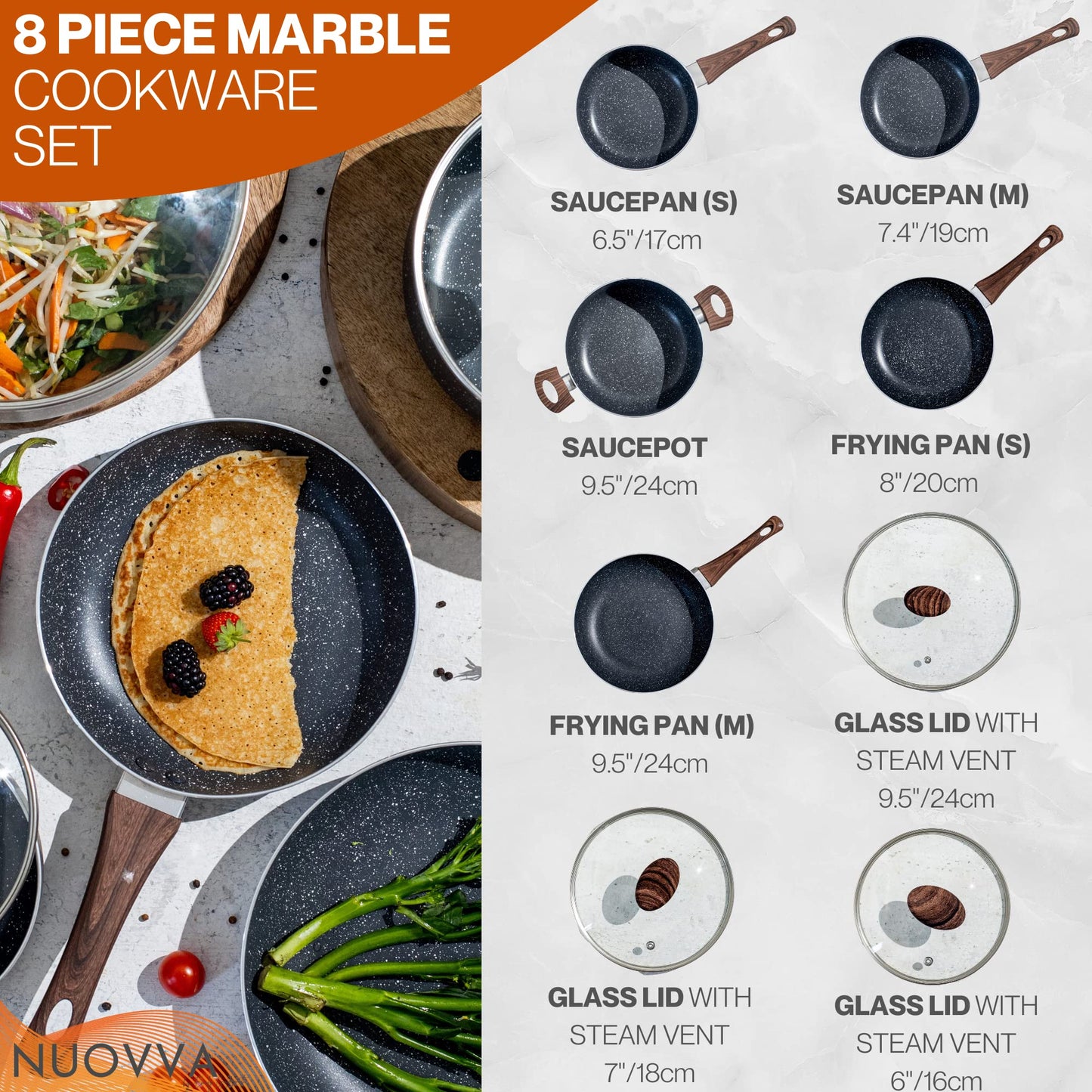 Antihaftbeschichtete Töpfe und Pfannen Set - Induktionskochfeld Topfset - 8 Stück Küche Kochgeschirr mit Deckel - Kochen Marmor Topf Töpfe und Pfannen - von Nuovva