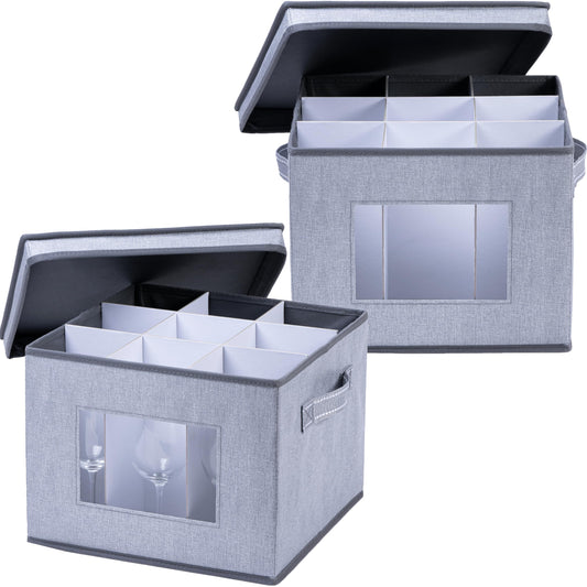 VENO 2er-Pack Aufbewahrungsbox für Rotweinglas mit Deckel und Griffen, Stielgläser-Organizer, Faltbox für Umzug von Glaswaren Inklusive Trennwände (Rotweinglas- 2er-Pack)