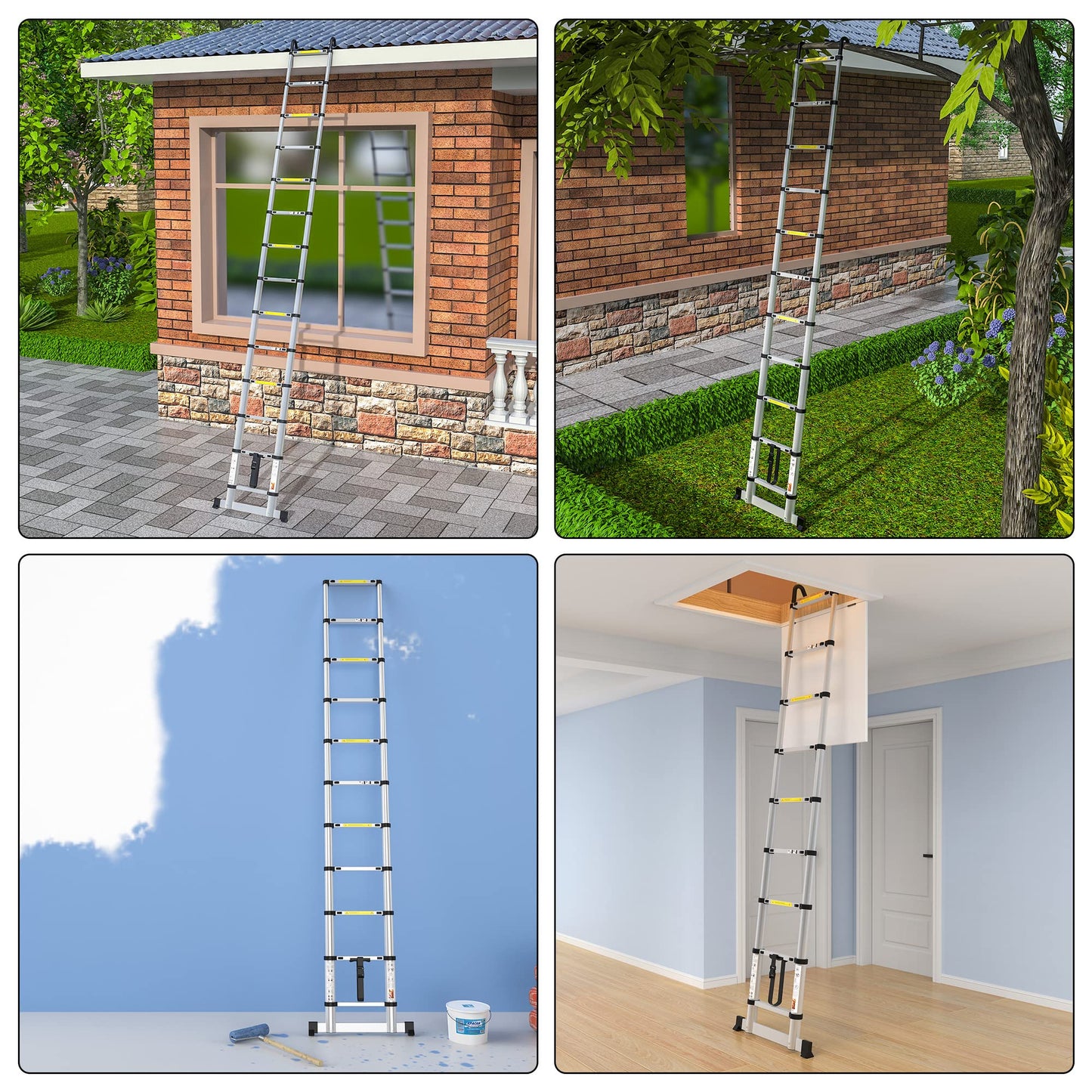 gymount Teleskopleiter 4,1 m, Leiter Ausziehbar mit Stabilisator und Abnehmbaren Haken, Alu-Klappleiter, Mehrzweckleiter, Stehleiter, Haushaltsleiter, Außenleiter, 150 kg Belastbarkeit