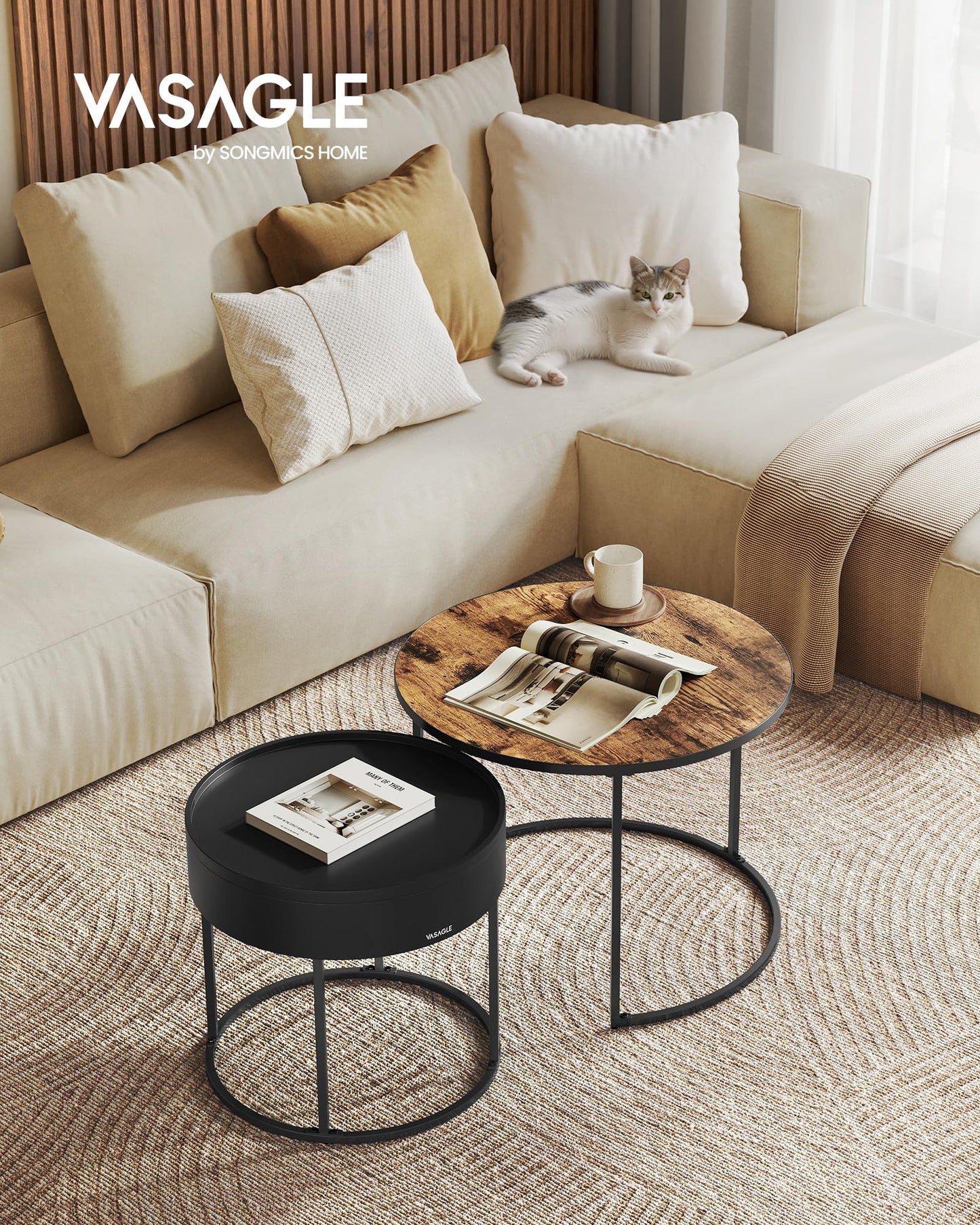 VASAGLE Couchtisch rund, 2er Set, Beistelltisch, Satztisch, modern, versteckter Stauraum, Tablett, für Wohnzimmer, Schlafzimmer, Balkon, vintagebraun-tintenschwarz LCT044K01