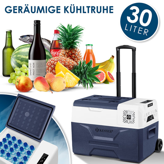 KESSER® Kompressor Kühlbox elektrisch Gefrierbox, 30 Liter Mit APP-Steuerung USB-Anschluss 12/24 V 230V, +Teleskopstange, 2x Kühlakkus Räder Kühlschrank Kühlung bis -20 °C für Auto, Lkw, Boot