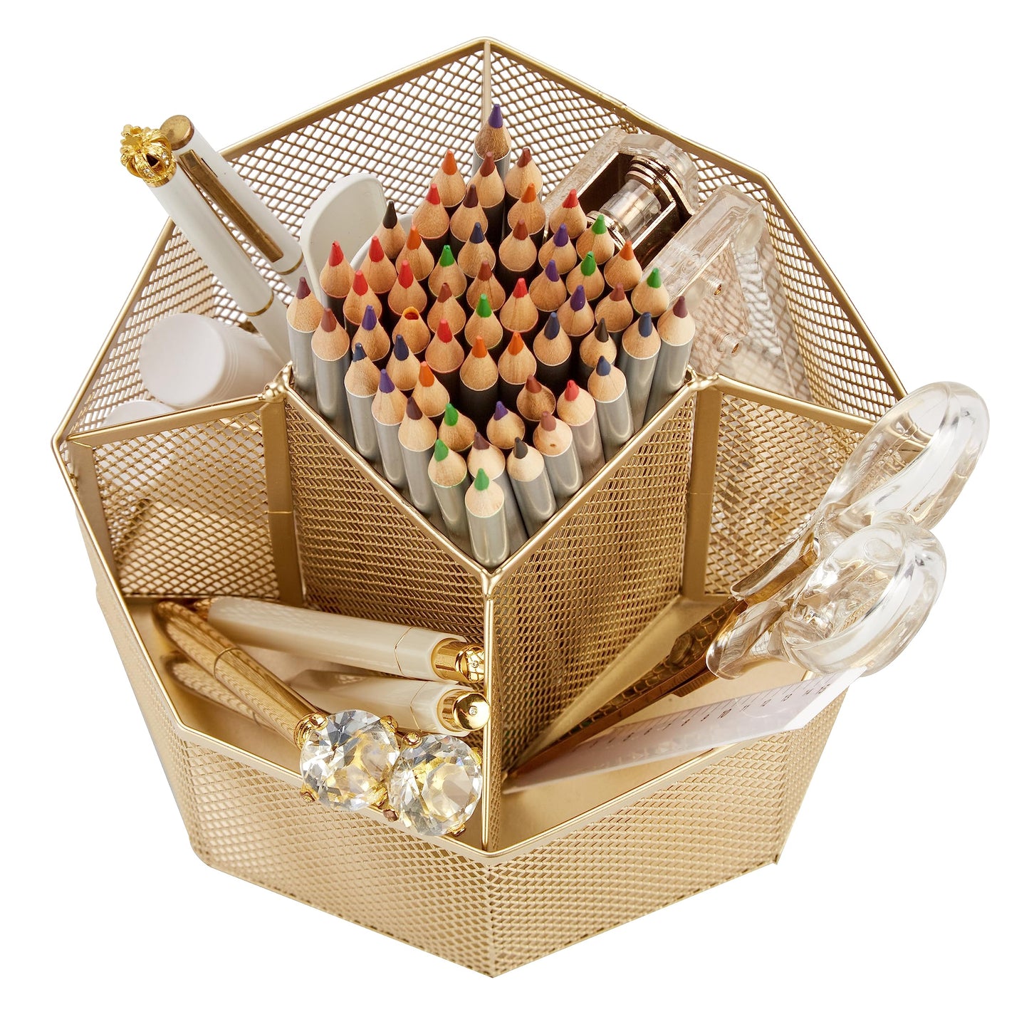 Annova Schreibtisch-Organizer aus Netzstoff, drehbar, mit 5 Fächern, für Süßigkeiten/Stifte, Büro, Kunstbedarf, Aufbewahrung, Klassenzimmer, Zuhause (Gold)