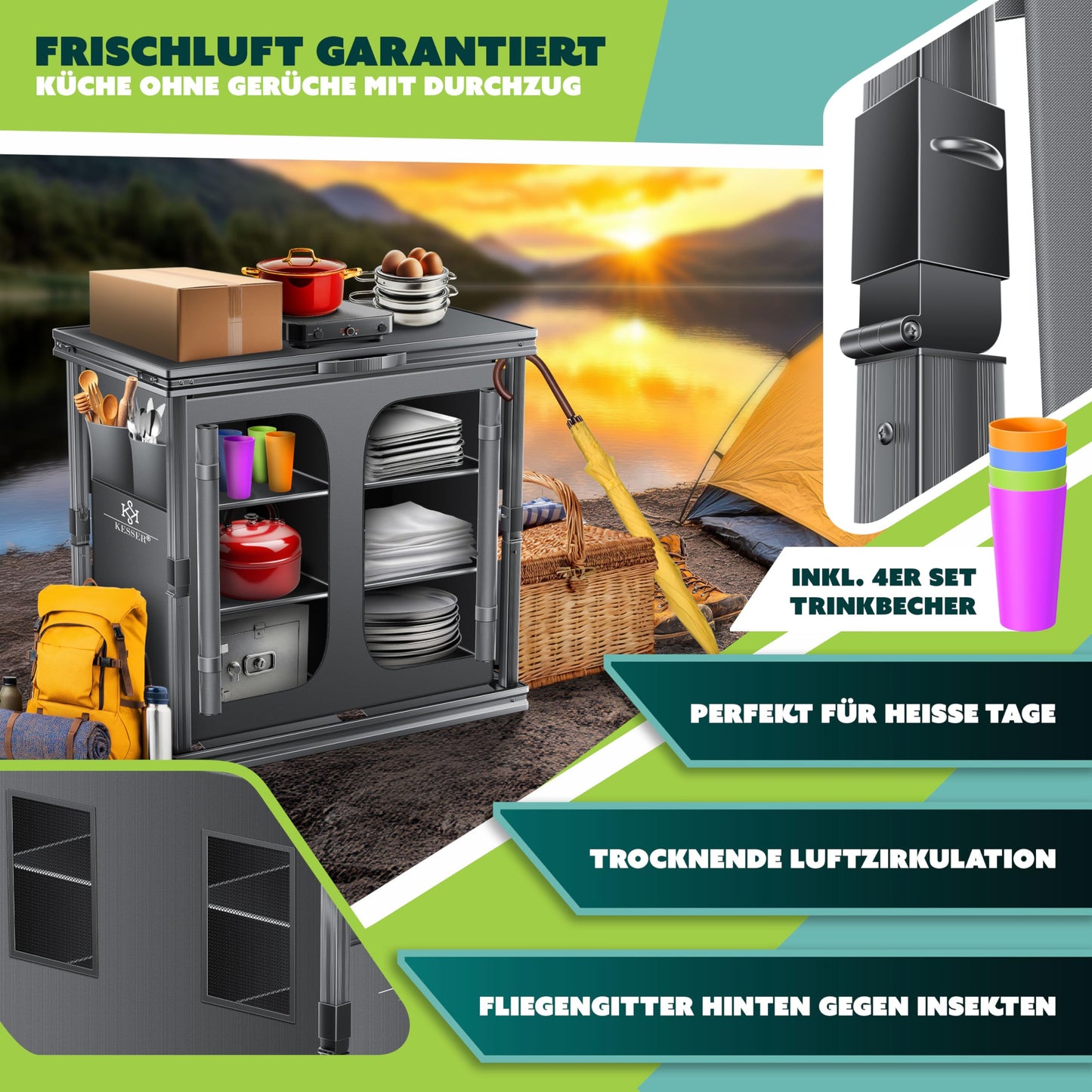 KESSER Faltbare Campingküche – 84 x 80 cm mit Aluminiumgestell, 6 Fächern & Trinkbecherset