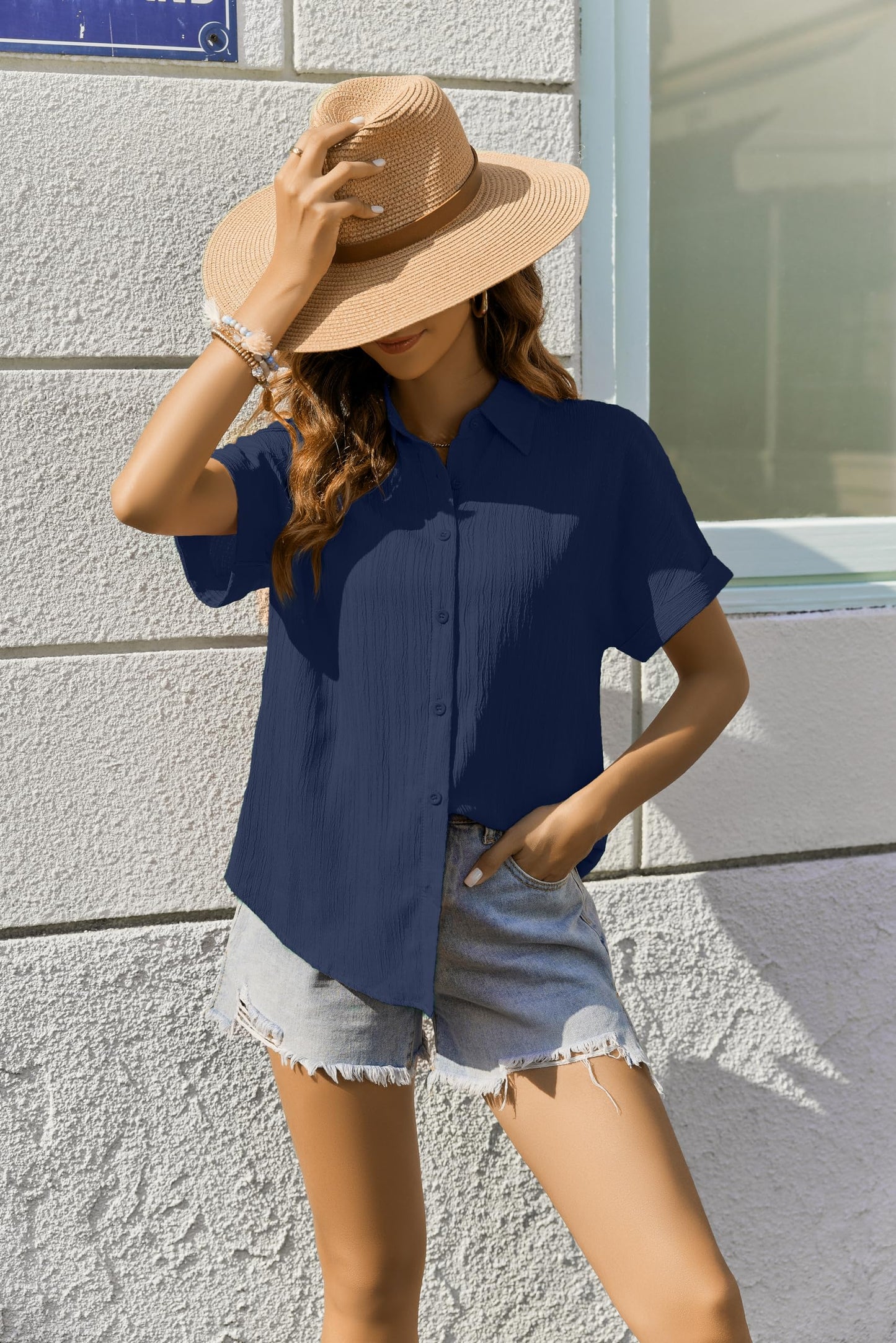 Zeagoo Damen Bluse Kurzarm Knöpfen Hemden Basic Arbeit Büro Formelle Casual Blusen Elegant Oberteile