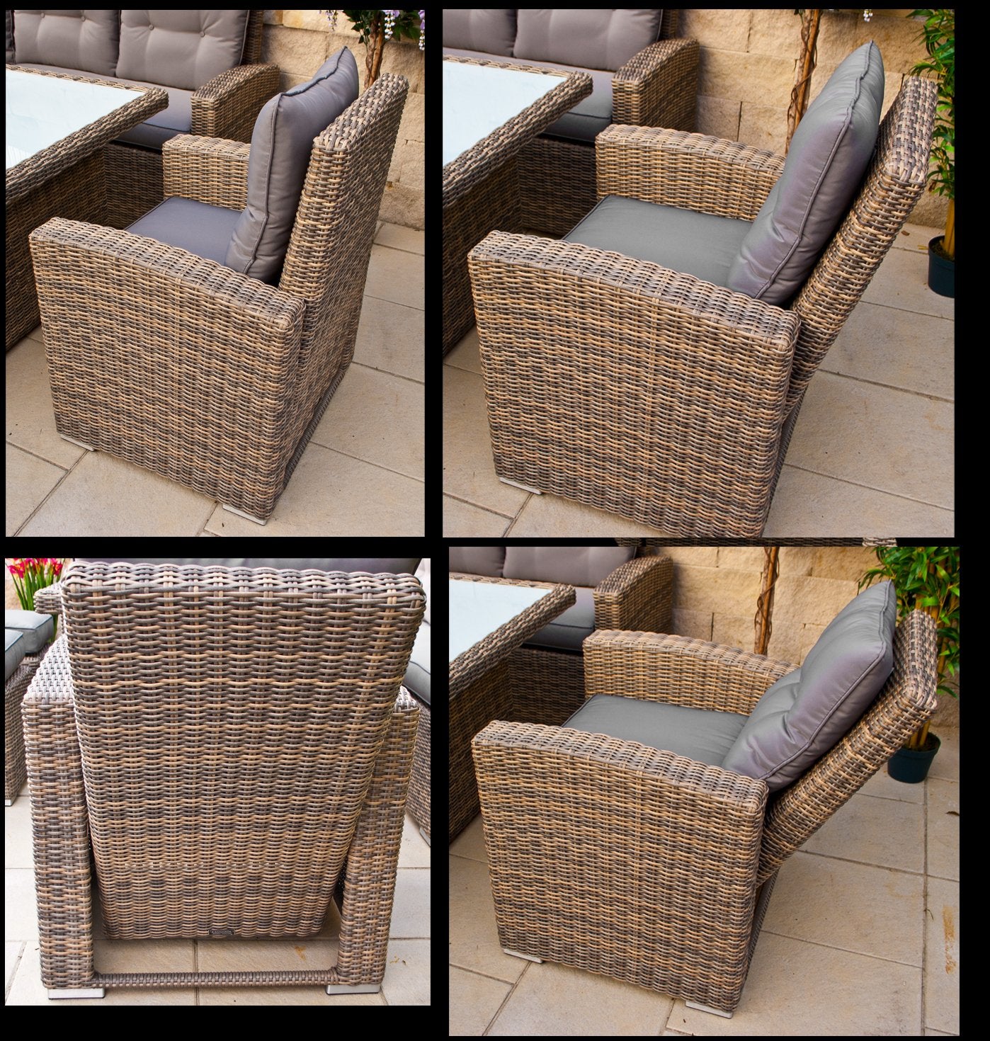 hohe Dining Lounge - DEUTSCHE Hersteller - 8 Jahre GARANTIE - EIGENE Produktion - PolyRattan Gartenmöbel Essgruppe Sessel Naturfarben Rundrattan Grau