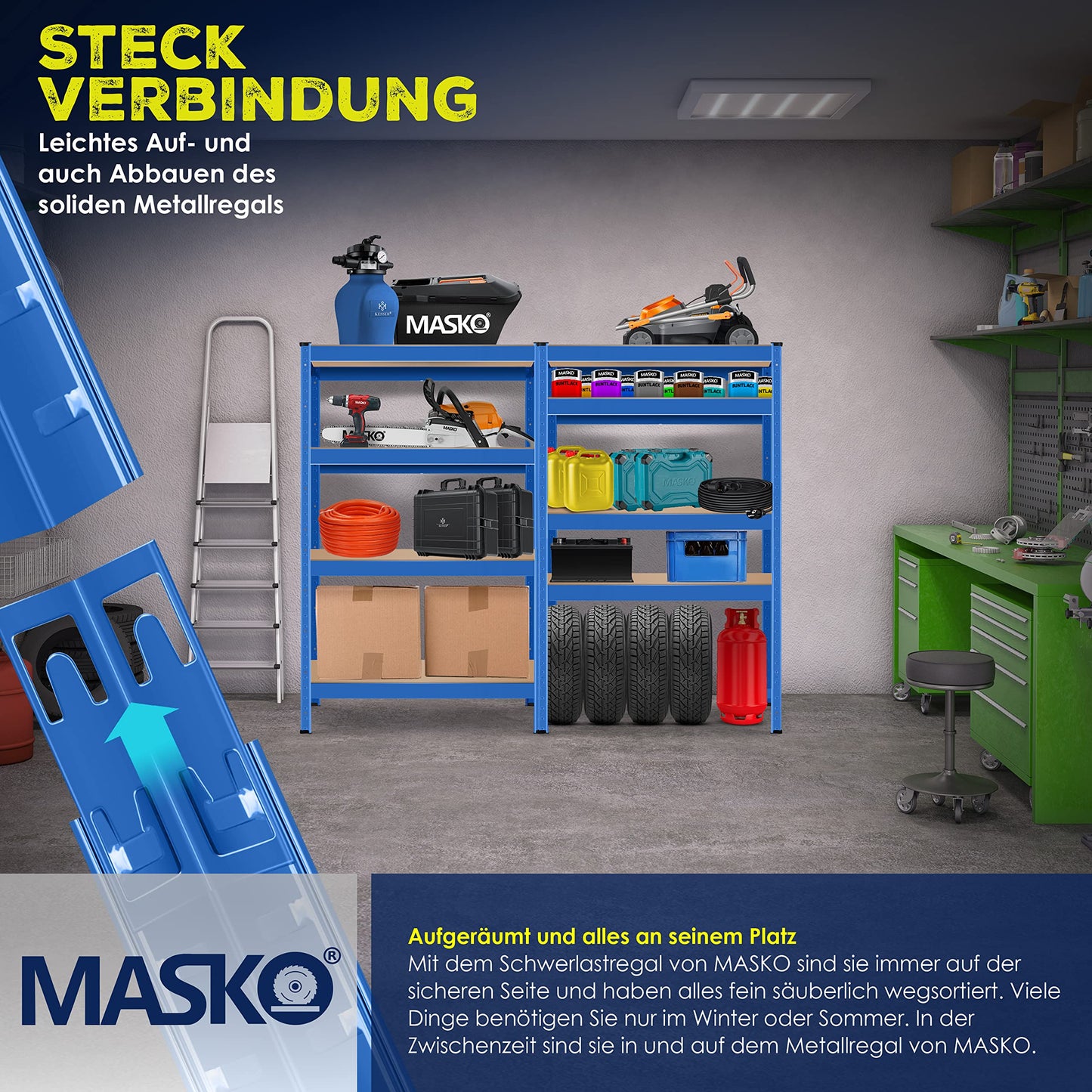 MASKO® 2er-Set Lagerregal Schwerlastregal, Kellerregal, 160 x 80 x 40 cm, bis 700 kg belastbar, 4 verstellbare Ablagen, MDF-Platten Regal aus Metall, Steckregal, Werkstattregal, Keller, Garage Blau