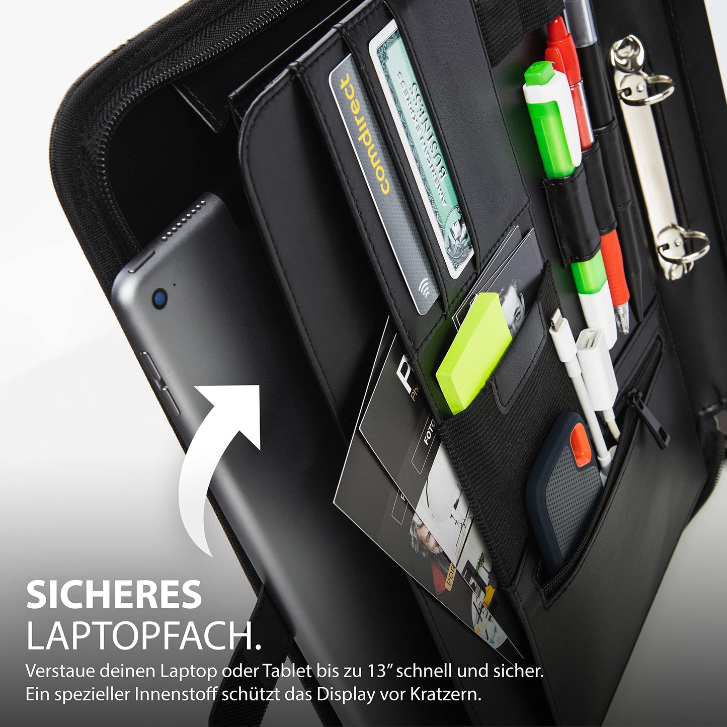 Vebon® Schreibmappe Ringbuch A4"Paris" I Reißverschluss + Klemmbrett I Dokumentenmappe + Laptoptasche I extra Stauraum I Kunstleder I Schwarz