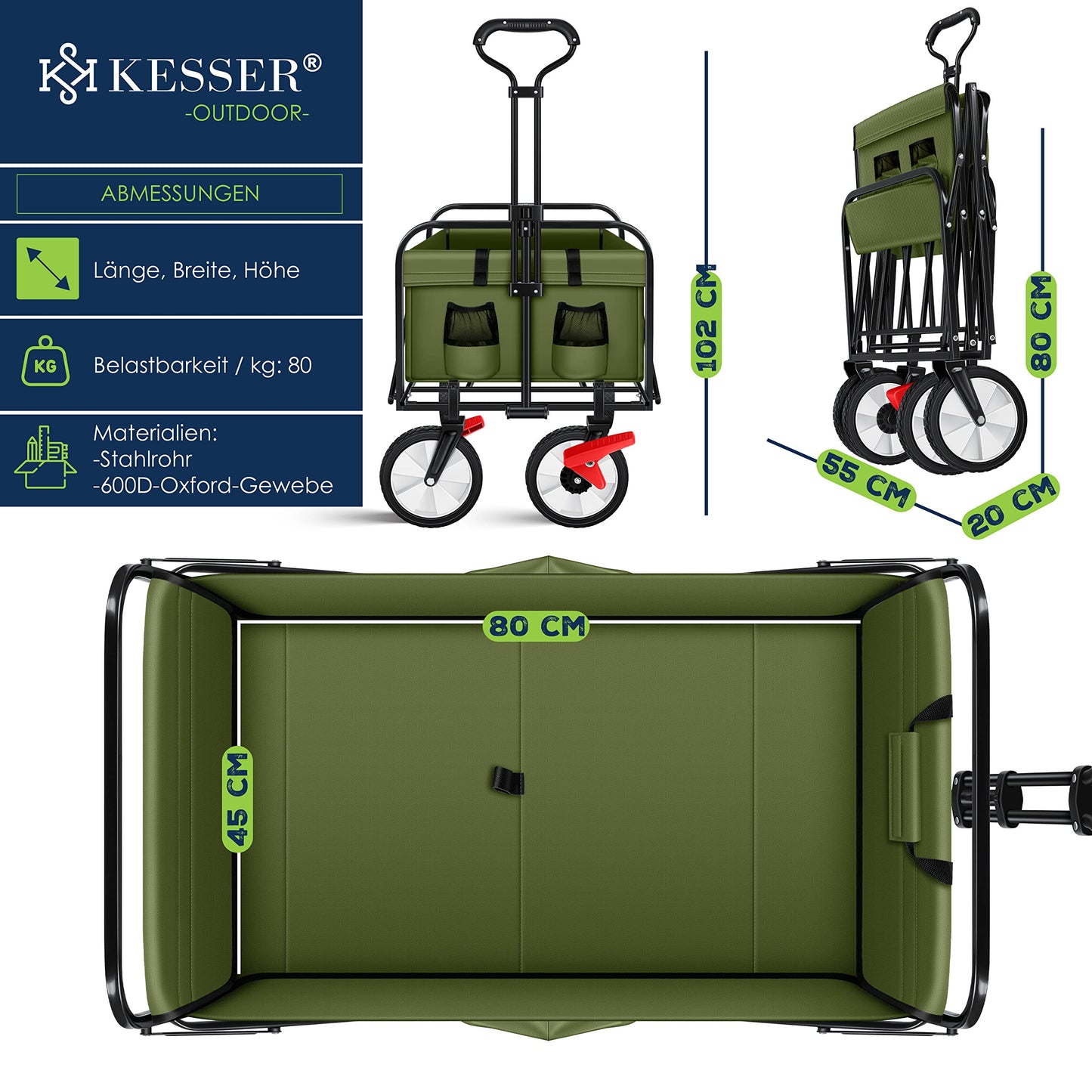 KESSER® Bollerwagen faltbar Handwagen Transportkarre Gerätewagen | inkl. 2 Netztaschen & Cover | klappbar | PVC-Reifen | bis 80 kg Tragkraft transportwagen Gartenanhänger ohne Dach, Khaki/Schwarz