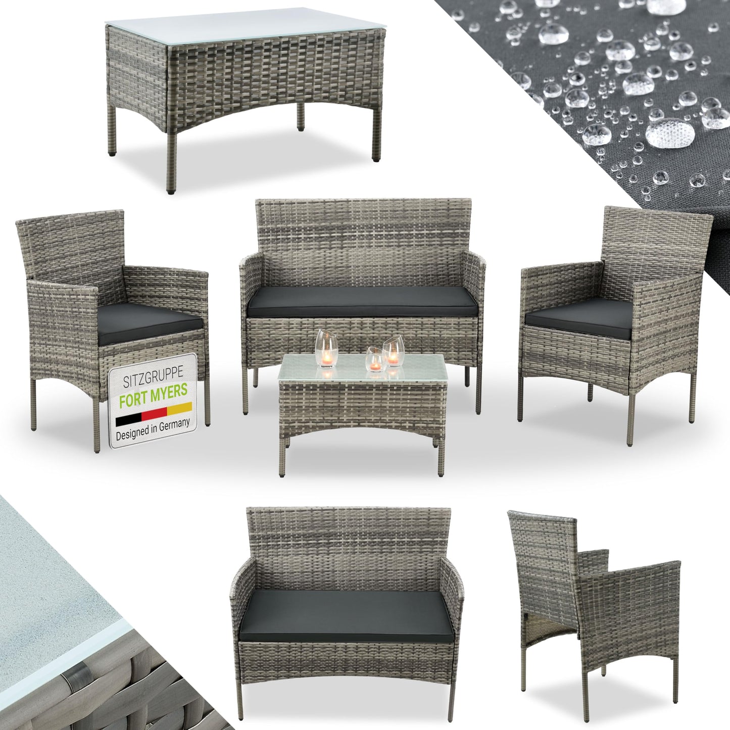 Juskys Fort Myers grau-melierte Polyrattan-Sitzgruppe mit Sofa, 2 Stühlen, Tisch und Kissen, auf Terrasse aufgestellt.