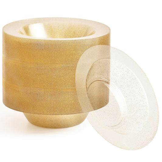MATANA 25 Klare Plastikschalen mit Goldglitzer, Suppenteller, Suppenschalen (360ml) - Suppenschüssel für Hochzeiten, Geburtstage, Taufen, Weihnachten, Partys - Mehrweg & Stabil