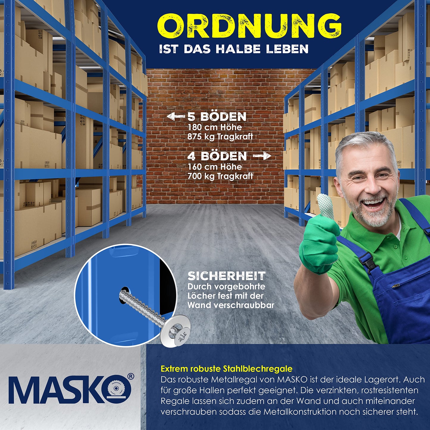 MASKO® 2er-Set Lagerregal Schwerlastregal, Kellerregal, 160 x 80 x 40 cm, bis 700 kg belastbar, 4 verstellbare Ablagen, MDF-Platten Regal aus Metall, Steckregal, Werkstattregal, Keller, Garage Blau