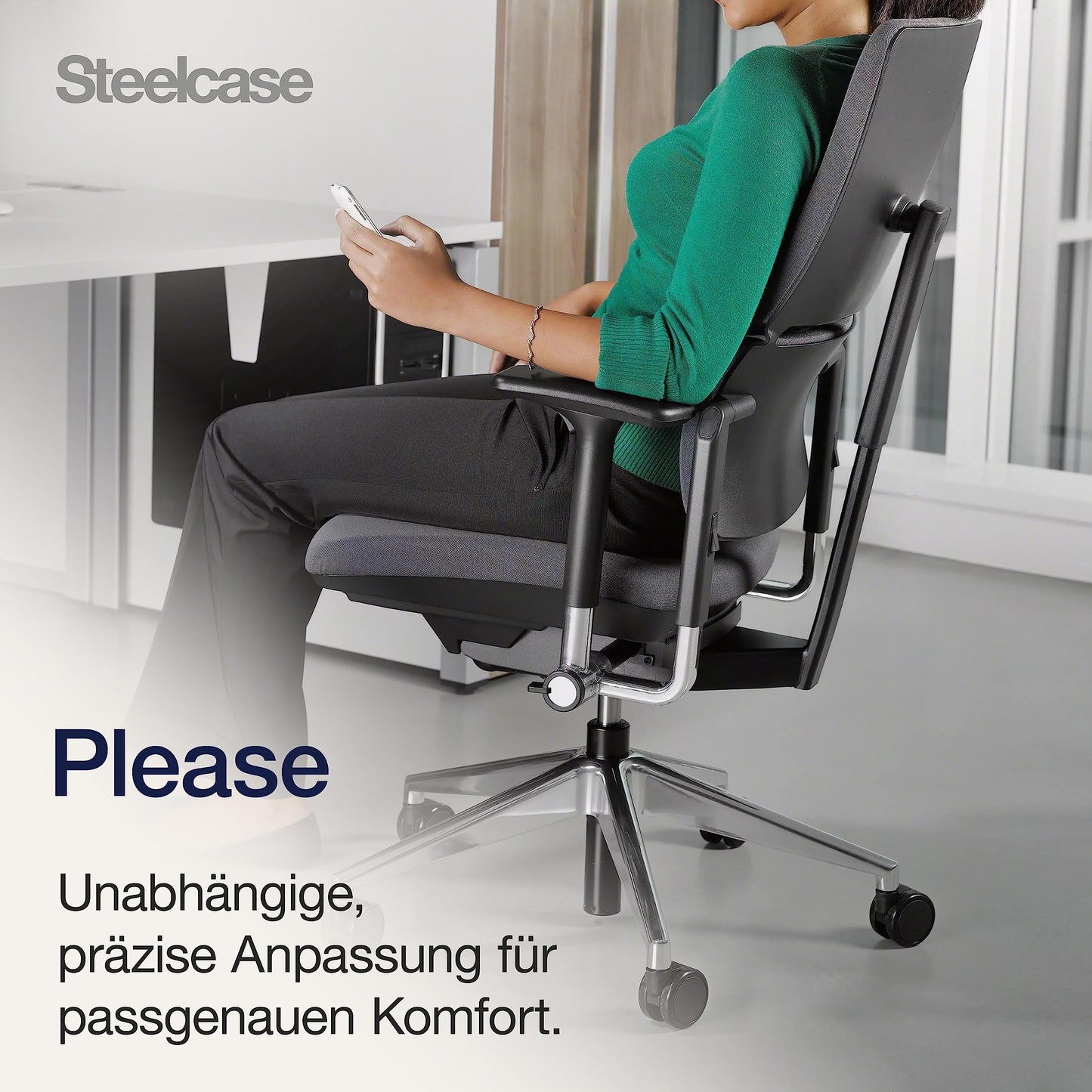 Steelcase Please Ergonomischer Bürodrehstuhl mit höhenverstellbarer Lumbalstütze Onyx Schwarz