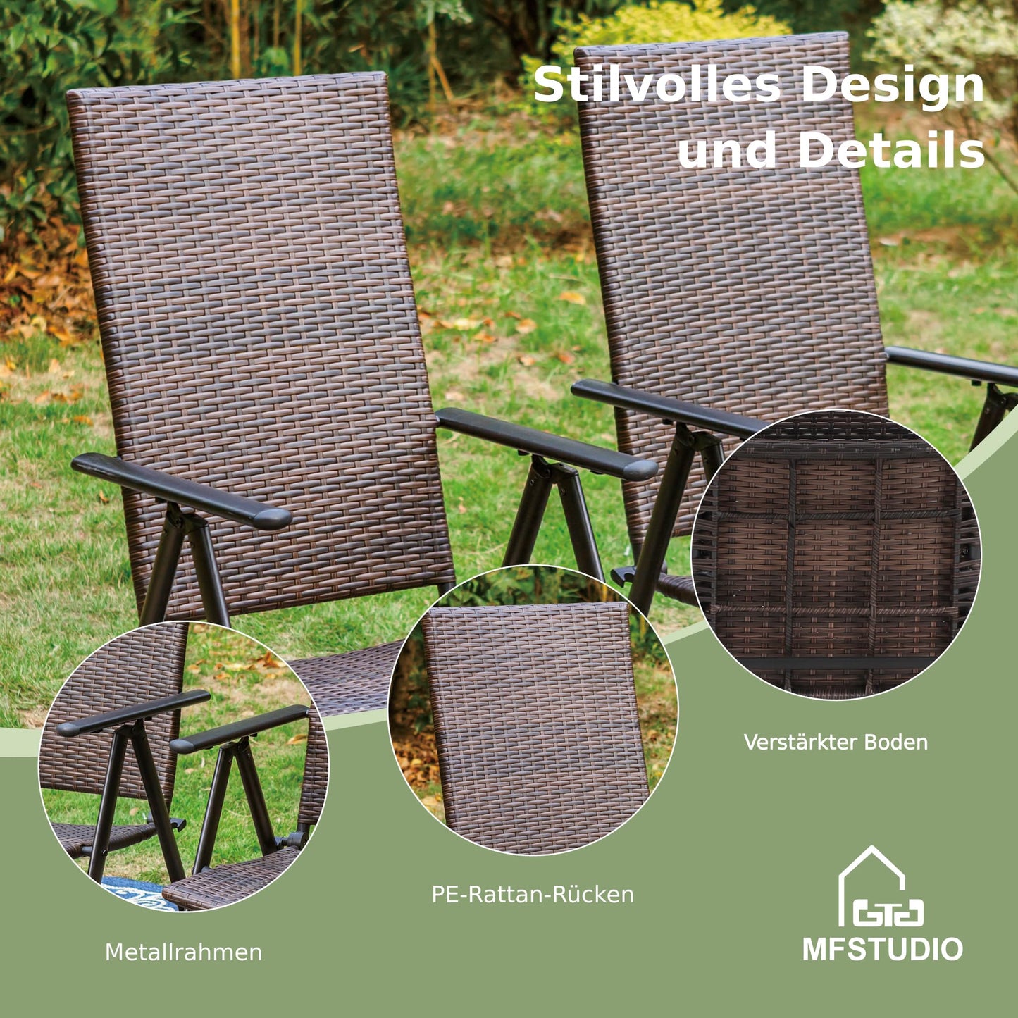 MFSTUDIO Polyrattan Gartenmöbel Set, 94cm Quadratische Tisch mit 4cm Schirmloch und 4 Rattan Klappstuhl, Balkonmöbel Set，Gartentisch mit Stühlen Set für Terrasse, Balkon, Bistro, Garten