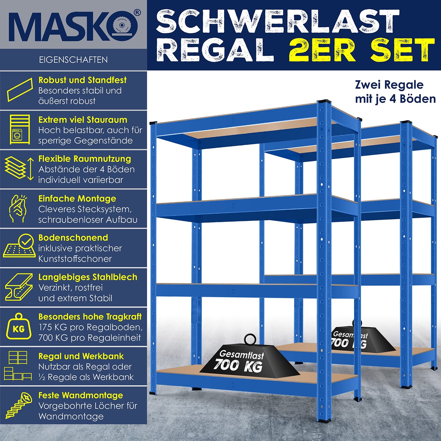 MASKO® 2er-Set Lagerregal Schwerlastregal, Kellerregal, 160 x 80 x 40 cm, bis 700 kg belastbar, 4 verstellbare Ablagen, MDF-Platten Regal aus Metall, Steckregal, Werkstattregal, Keller, Garage Blau