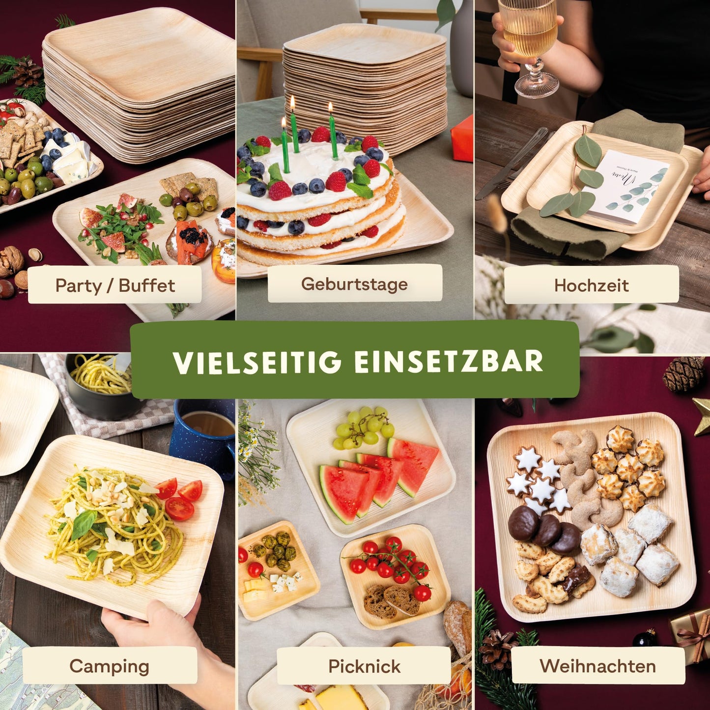 Leef 50x Palmblatt Teller eckig - Einweggeschirr kompostierbar und naturbelassen - 25 x 25 cm