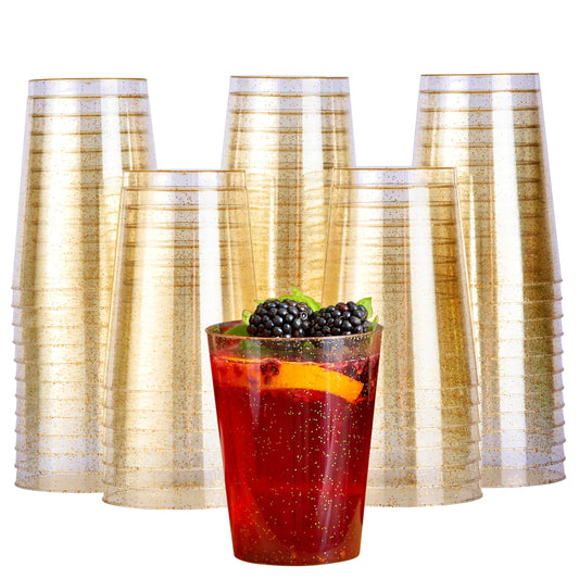 MATANA 50 Premium Plastikbecher, Partybecher, Trinkbecher mit Goldglitter (285ml / 10oz) - Hartplastik Becher, Kunststoffbecher, Mehrwegbecher, Cocktailgläser, Plastikgläser für Hochzeiten & Partys