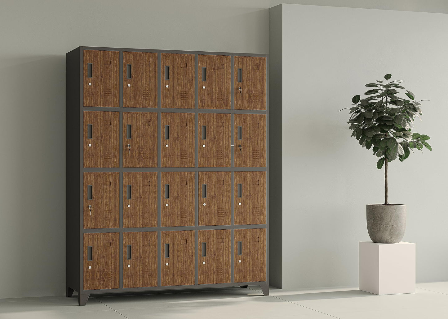 Domator Umkleideschrank 5B4A Fächerschrank Schließfachschrank mit 20 Fächern Wertfachschrank Metall Pulverbeschichtung 172 cm x 136 cm x 45 cm (H x B x T) (Anthrazit-Holzoptik)