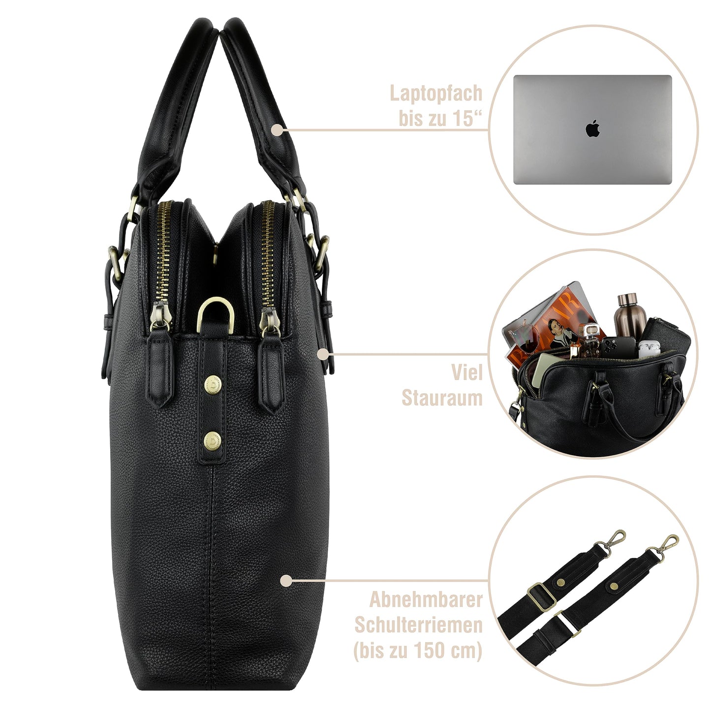 bugatti Passione Aktentasche Damen aus Kunstleder mit Laptopfach – Businesstasche Damen Laptoptasche – Bürotasche Lehrertasche in Schwarz