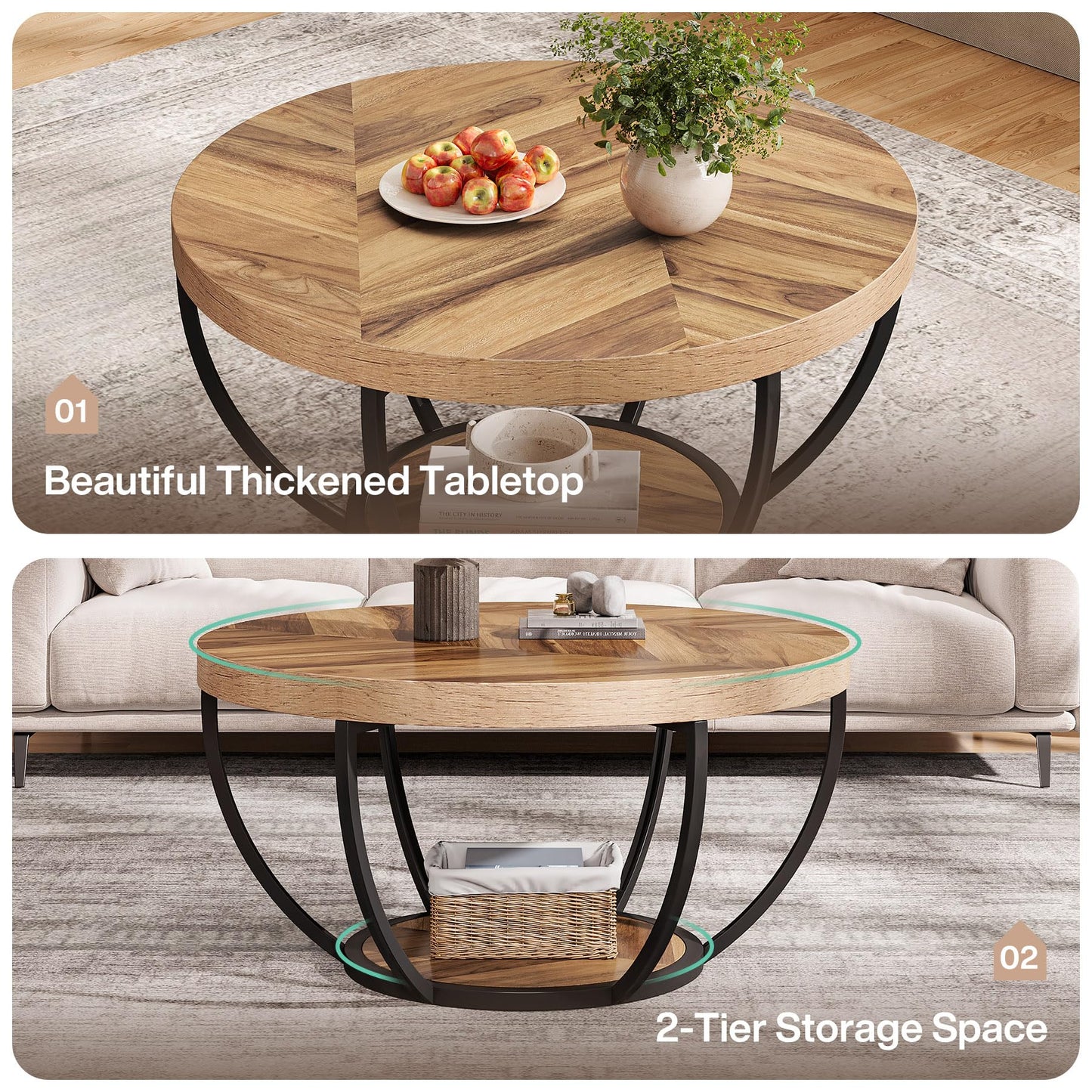 Tribesigns Runde Couchtisch, Industrial 2-Tier-Kreis Couchtisch mit Lagerung Regale, Moderne hölzerne Akzent Mitte Tisch Sofa Beistelltisch für Wohnzimmer, Home Office