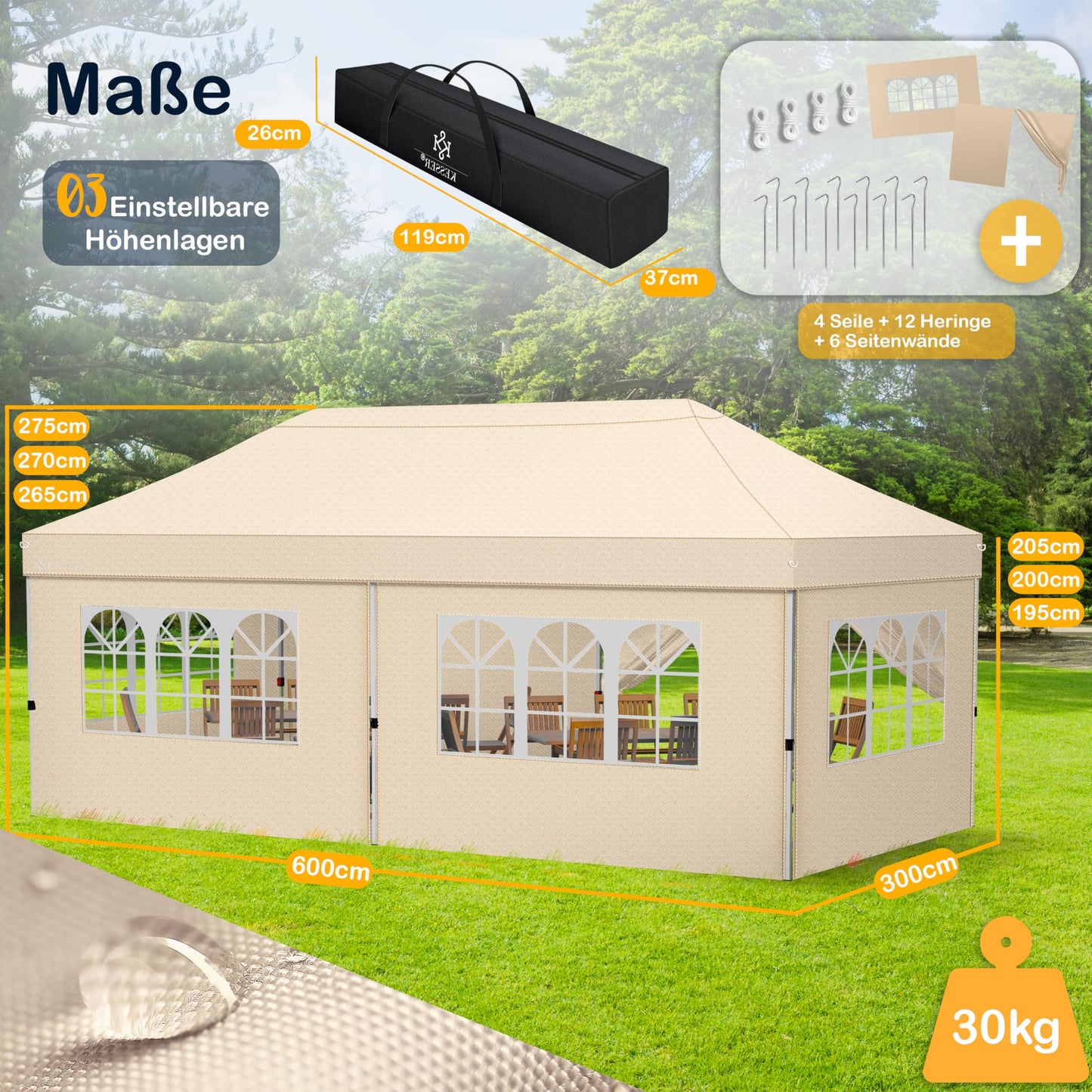 KESSER® Pavillon Faltpavillon 6x3m Festzelt mit 6 abnehmbaren Seitenwänden | Gartenzelt Höhenverstellbar & Wasserdicht + Tasche Bodenanker | Pop-Up Klicksystem UV-Schutz 50+ Partyzelt Beige